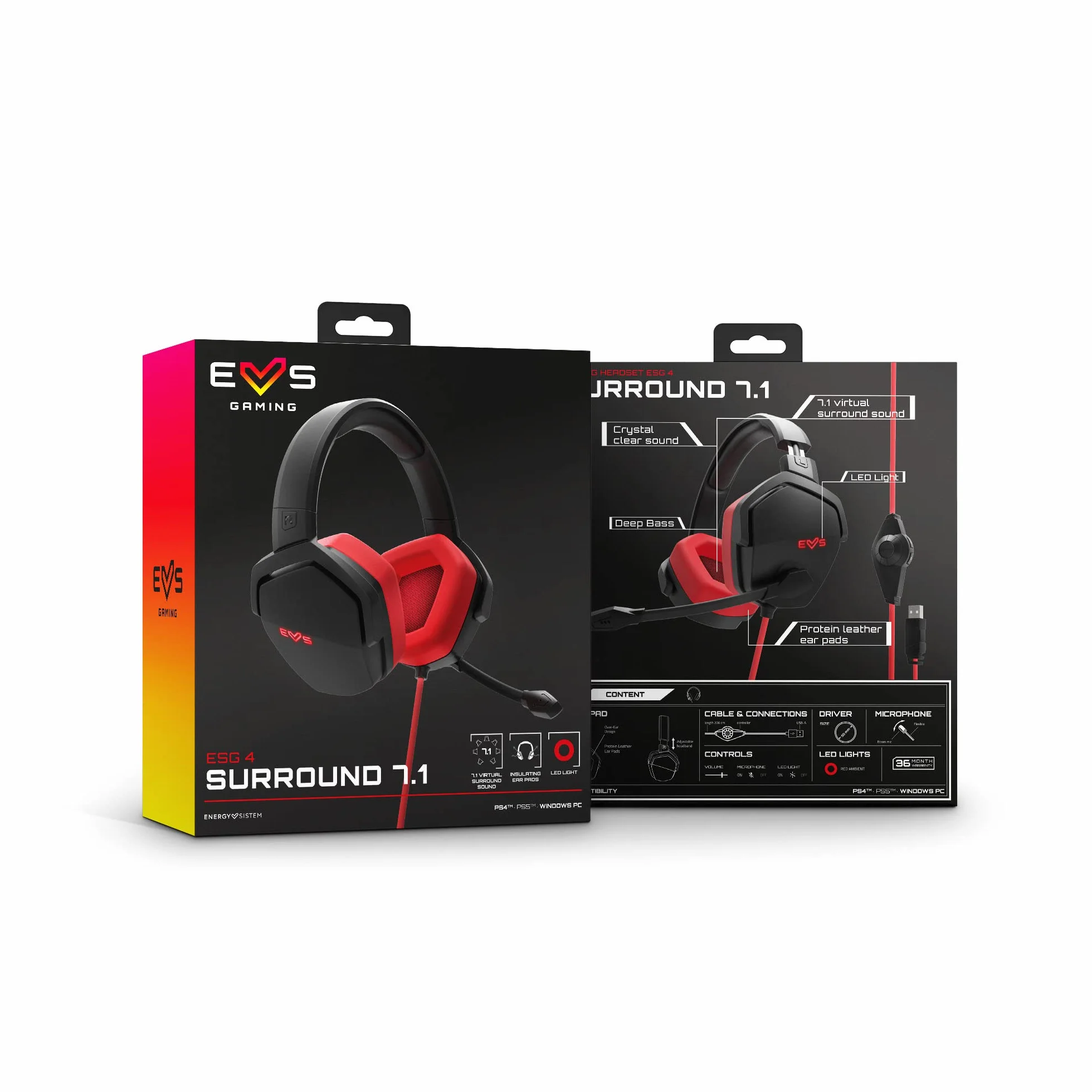Energy Sistem ES Gaming Headset ESG 4 Surround 7.1 Red Zestaw słuchawkowy Gamer Kaski na PC z wkładkami LED (LED, dźwięk przestrzenny 7.1, Skórzane wkładki douszne)- Czerwony