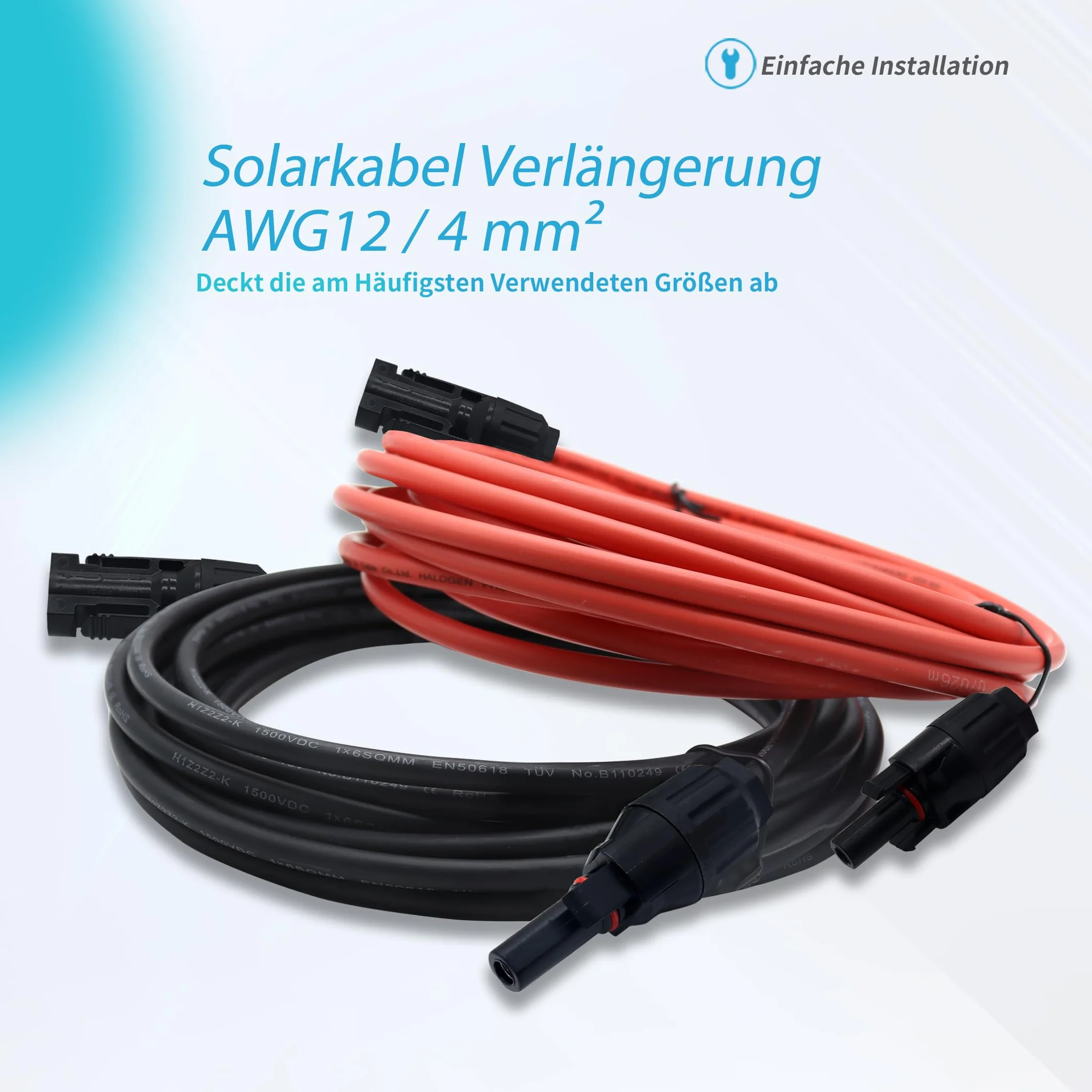 Przedłużacz Kabla Solarnego, 4 mm² 1/3/5/10/15/20 m, Kabel Solarny, Fotowoltaiczny, Kabel Połączeniowy, Wtyczka Solarna, Klasa Napięcia 1000 V, IP68, Wodoszczelna Wtyczka (4 mm²/20 m)