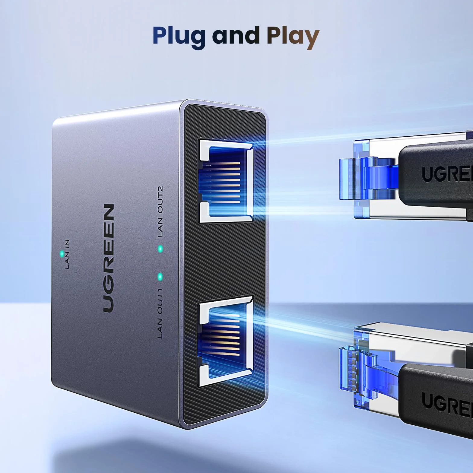 UGREEN Rozdzielacz LAN 1 do 2 Rozdzielacz Ethernet 1000 Mb/s Przełącznik LAN 2 porty z kablem zasilającym typu C Przełącznik Gigabit Ethernet do przełącznika koncentratora PC Router TV