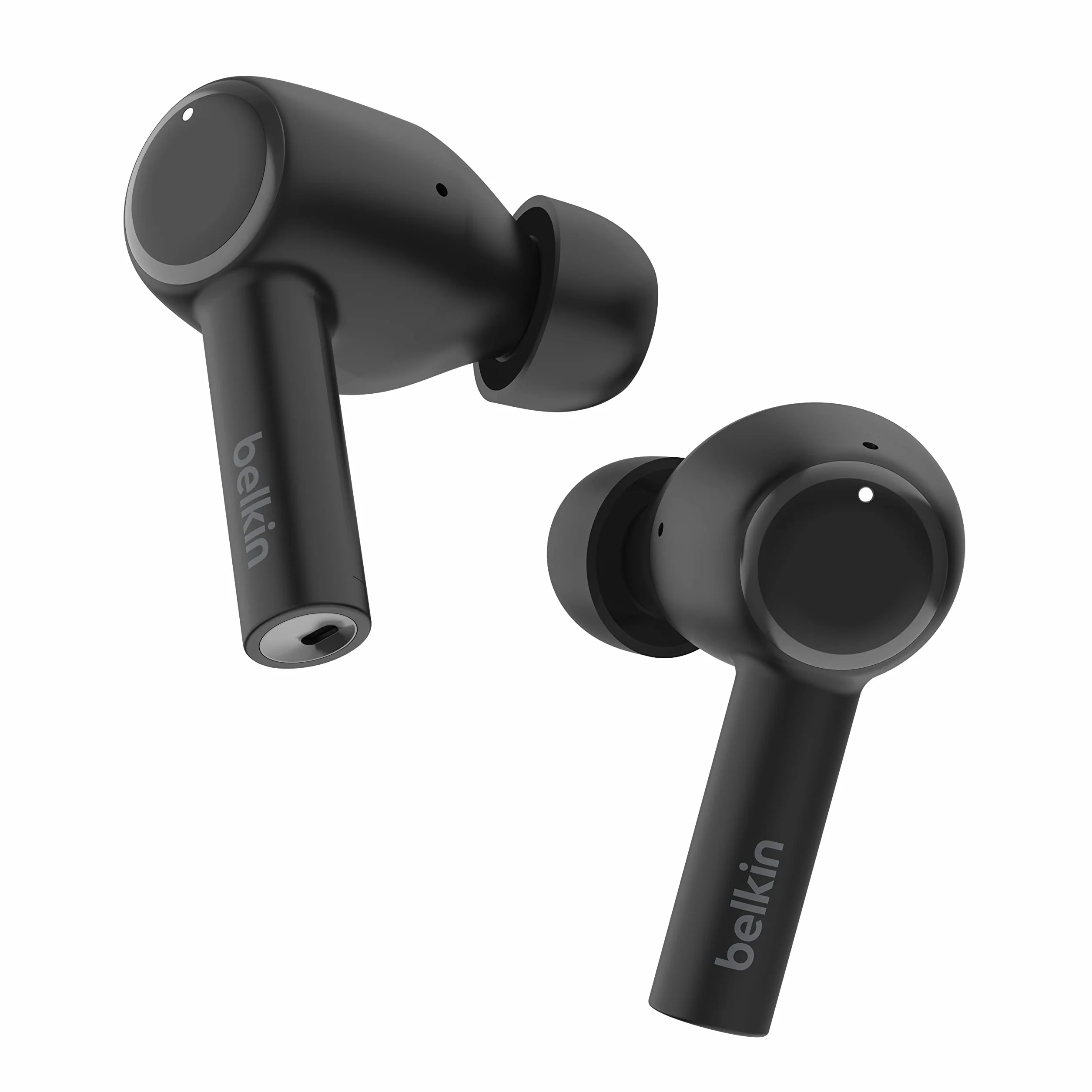 Belkin Słuchawki douszne redukujące hałas SoundForm Pulse, bezprzewodowe słuchawki z etui ładującym, 3 mikrofony na słuchawkę – słuchawki Bluetooth do iPhone’a i Samsunga, wodoodporne (IPX5) – czarne