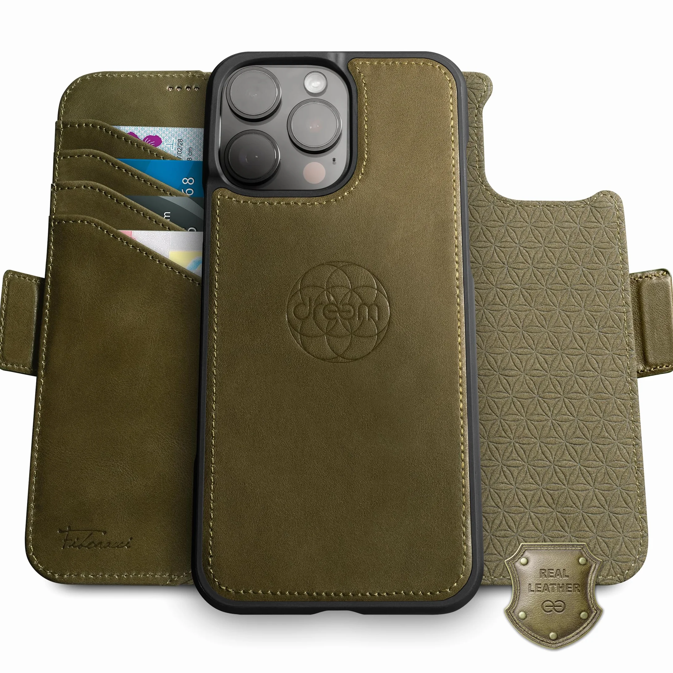 dreem Etui z prawdziwej skóry do iPhone'a 16 Pro Max, rewolucyjny stojak na telefon, magSafe-Fit, magnetyczne odpinane etui z klapką, etui na karty blokujące RFID, pudełko prezentowe [Fibonacci