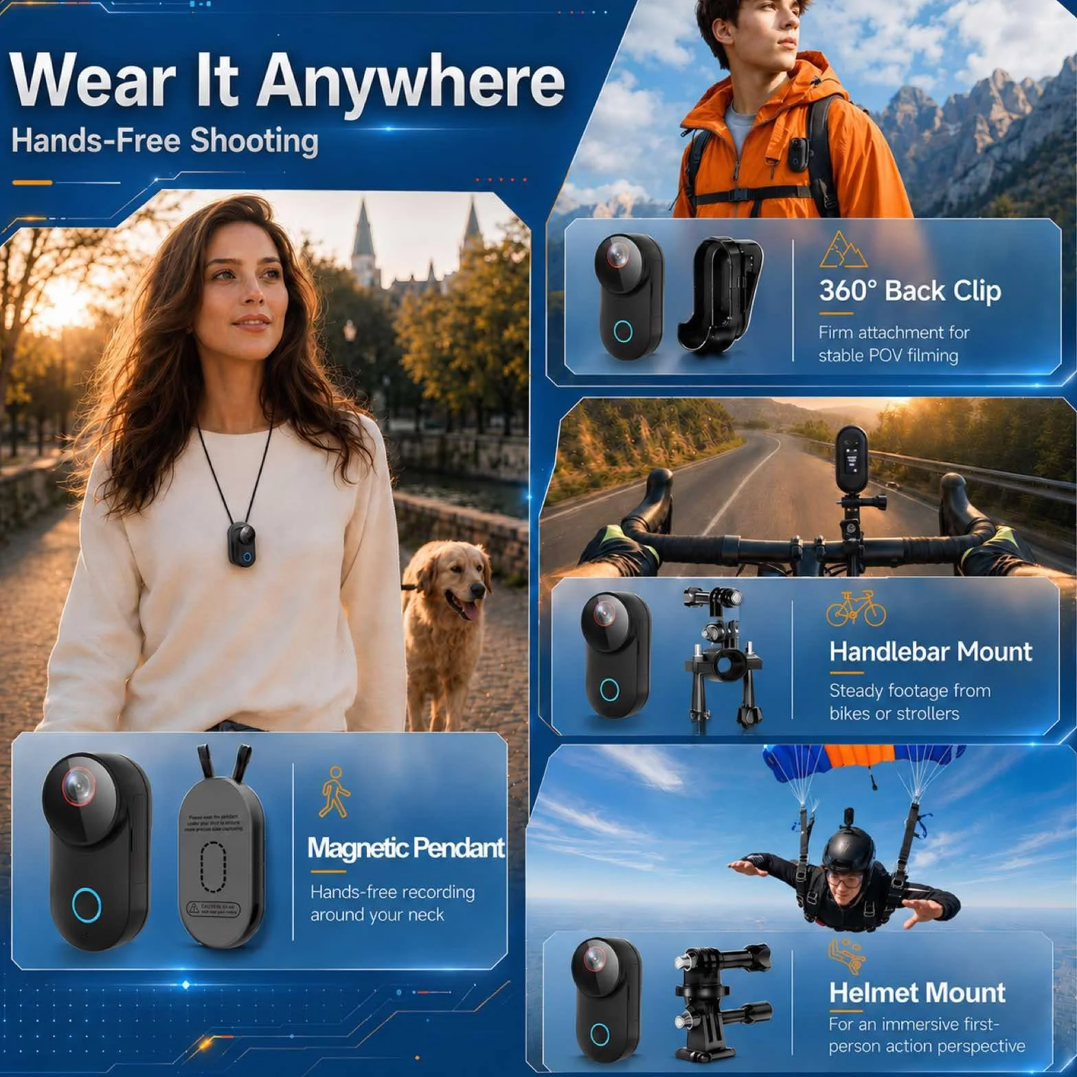 4K Ultra HD Action Cam, 6-osiowa elektroniczna stabilizacja obrazu, obiektyw szerokokątny 154°, wodoszczelna kamera sportowa z Wi-Fi, 5 godzin pracy baterii z etui ładującym (czarna, 64 GB)