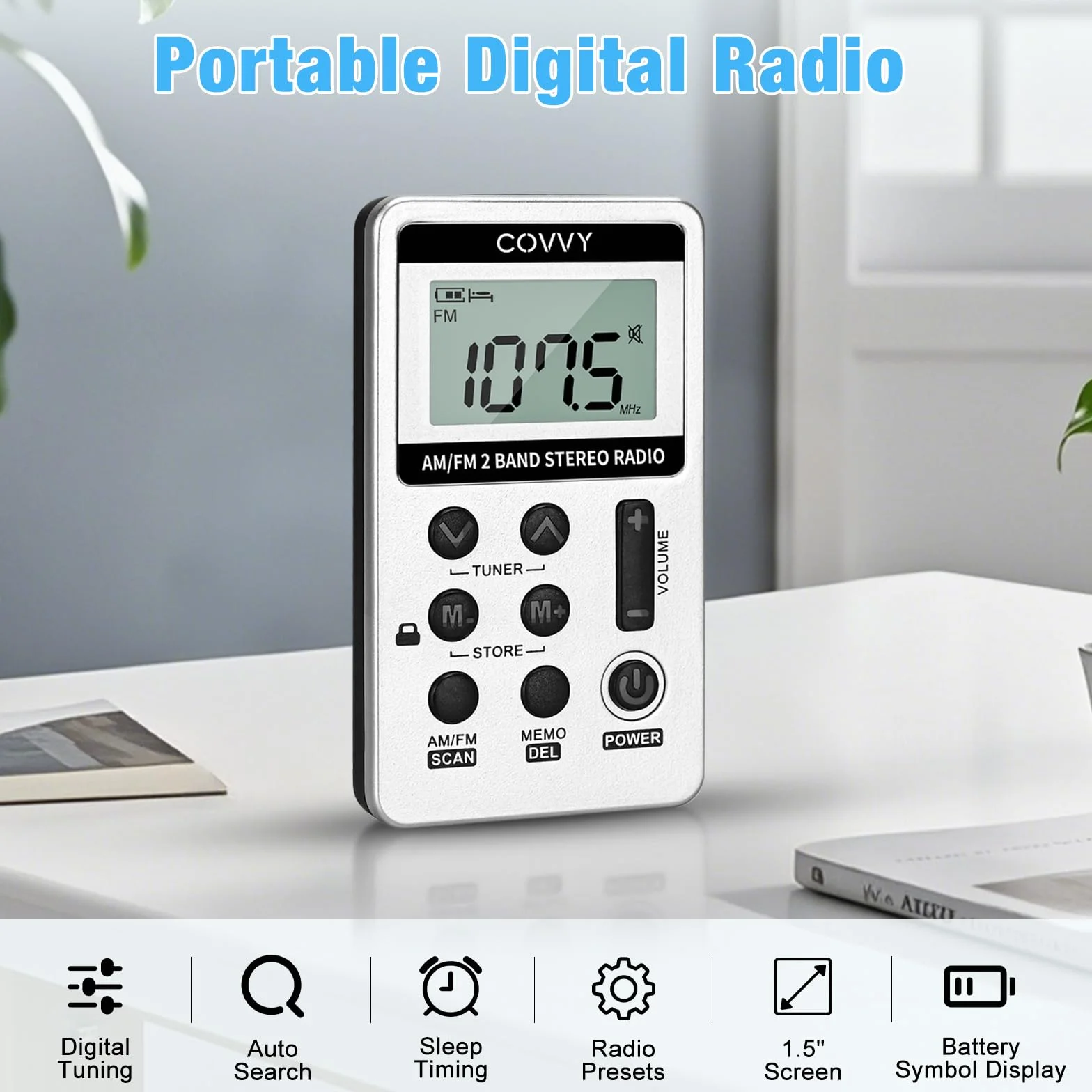 Małe przenośne radio, mini kieszonkowe radio kieszonkowe Am/FM 2 pasma radia stereo DSP cyfrowy odbiornik tuningowy z wyświetlaczem LCD USB do ładowania i słuchawką do chodzenia biały
