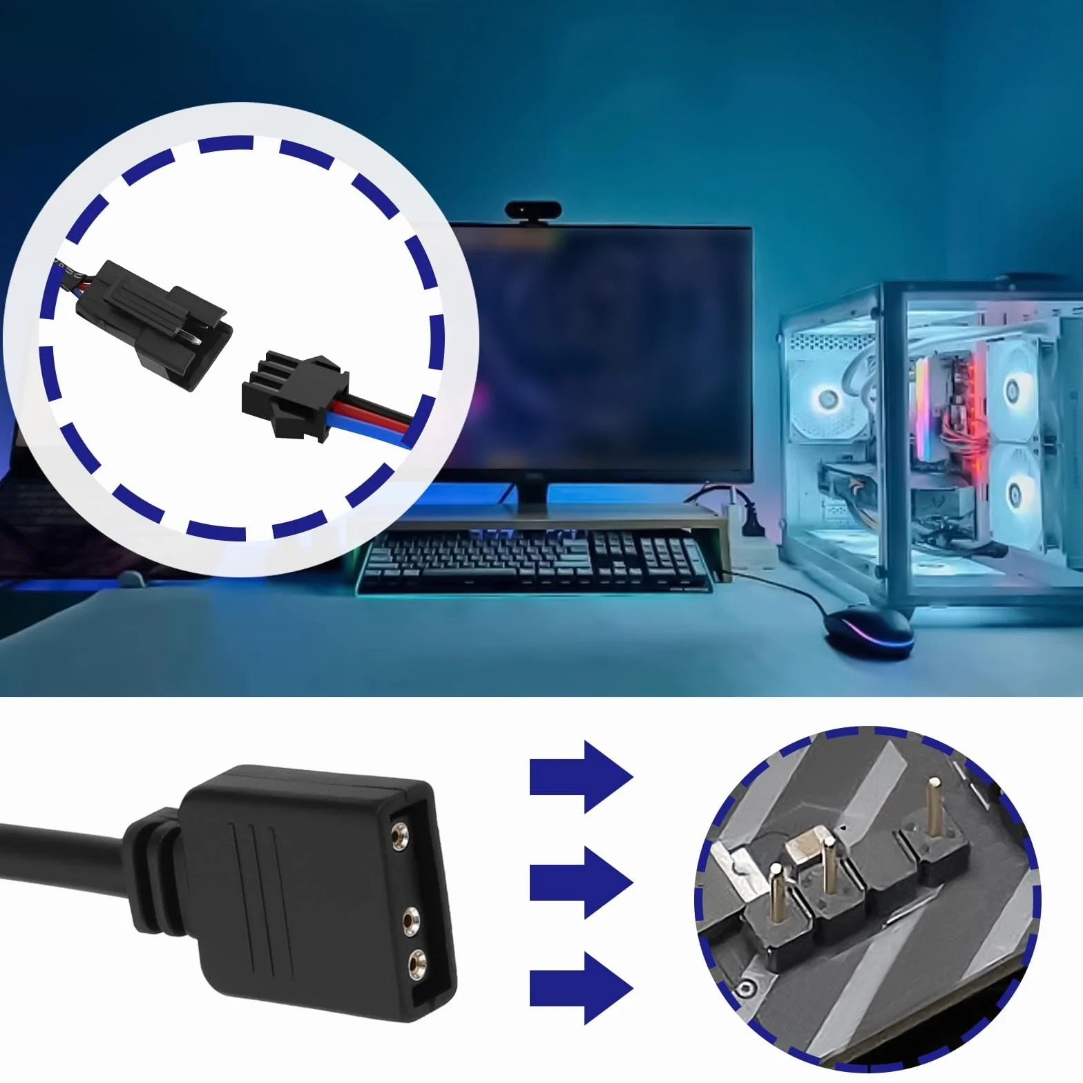 ECSiNG 2 szt. 5 V 3-pinowy ARGB żeński na SM męski kabel adaptera 1 do 3 ARGB rozdzielany kabel 30 cm do taśm LED PC 5 V ARGB wentylator obudowa komputera