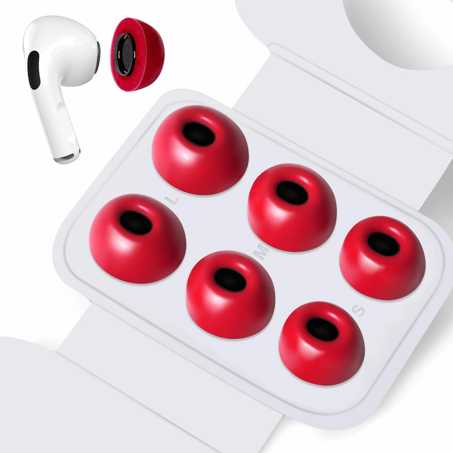 HEEKIM Zatyczki do uszu z pianki z pamięcią kształtu do Airpods Pro/Pro 2 z otworem do redukcji szumów, wymienne nasadki (S/M/L) – czerwone