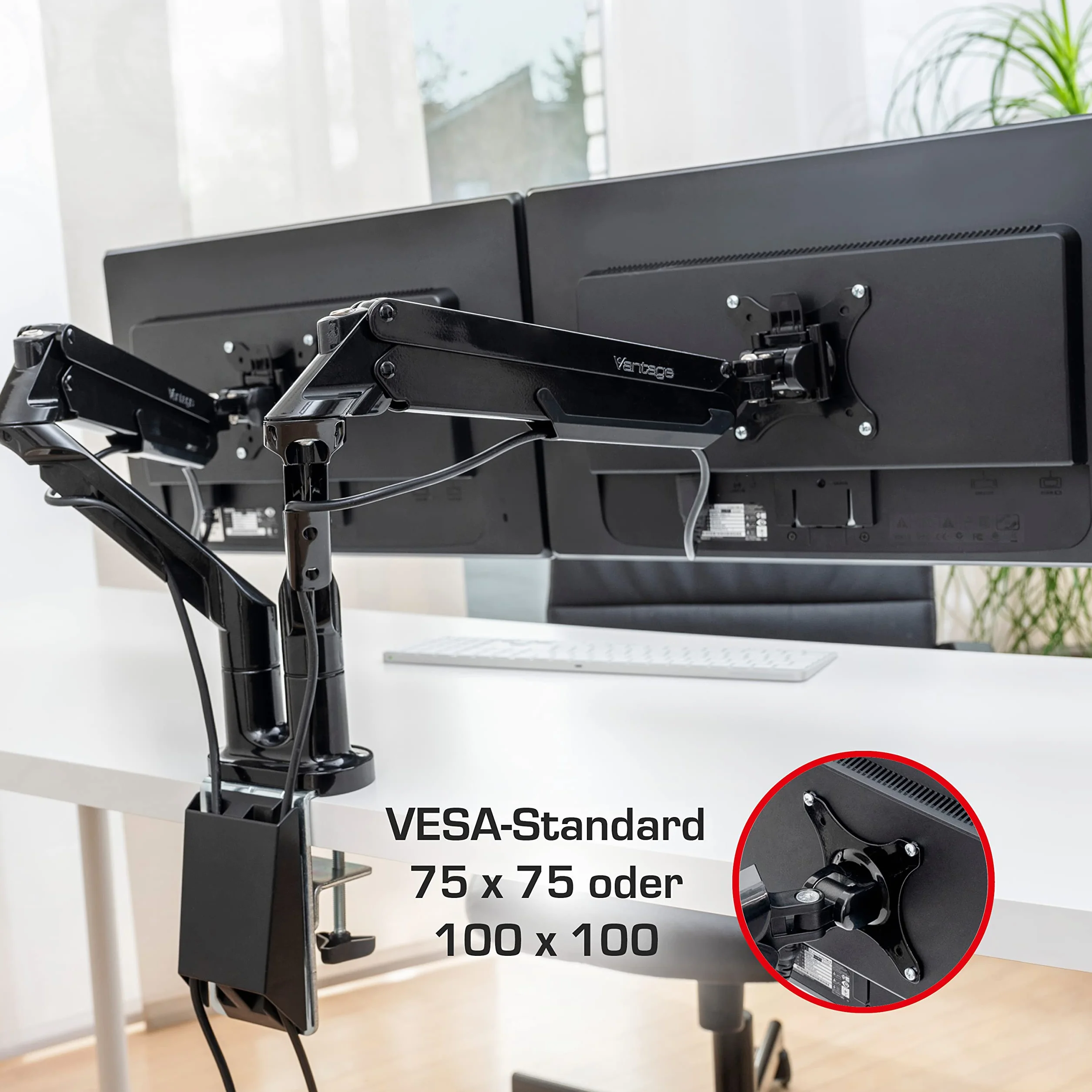 Vantage Premium Duo uchwyt do monitora (VESA 75 & 100, 2 x 2-9 kg, do ekranów 17-32 cali, ze sprężyną gazową, obrotowy, przechylany, wychylny) czarny