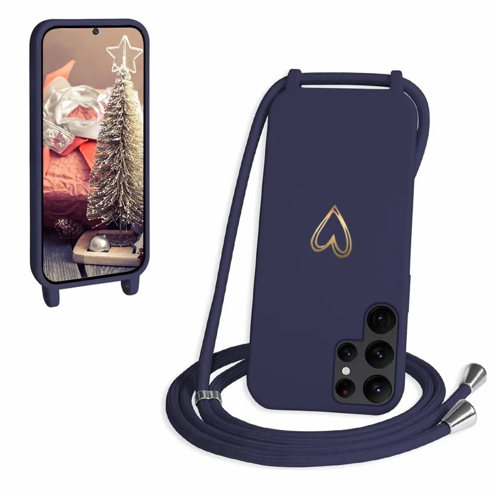 CaseLover Etui ze sznurkiem do Samsung Galaxy S26 Ultra etui na telefon komórkowy z silikonową liną etui w kształcie serca z regulowanym łańcuszkiem na telefon, ciemnoniebieskie