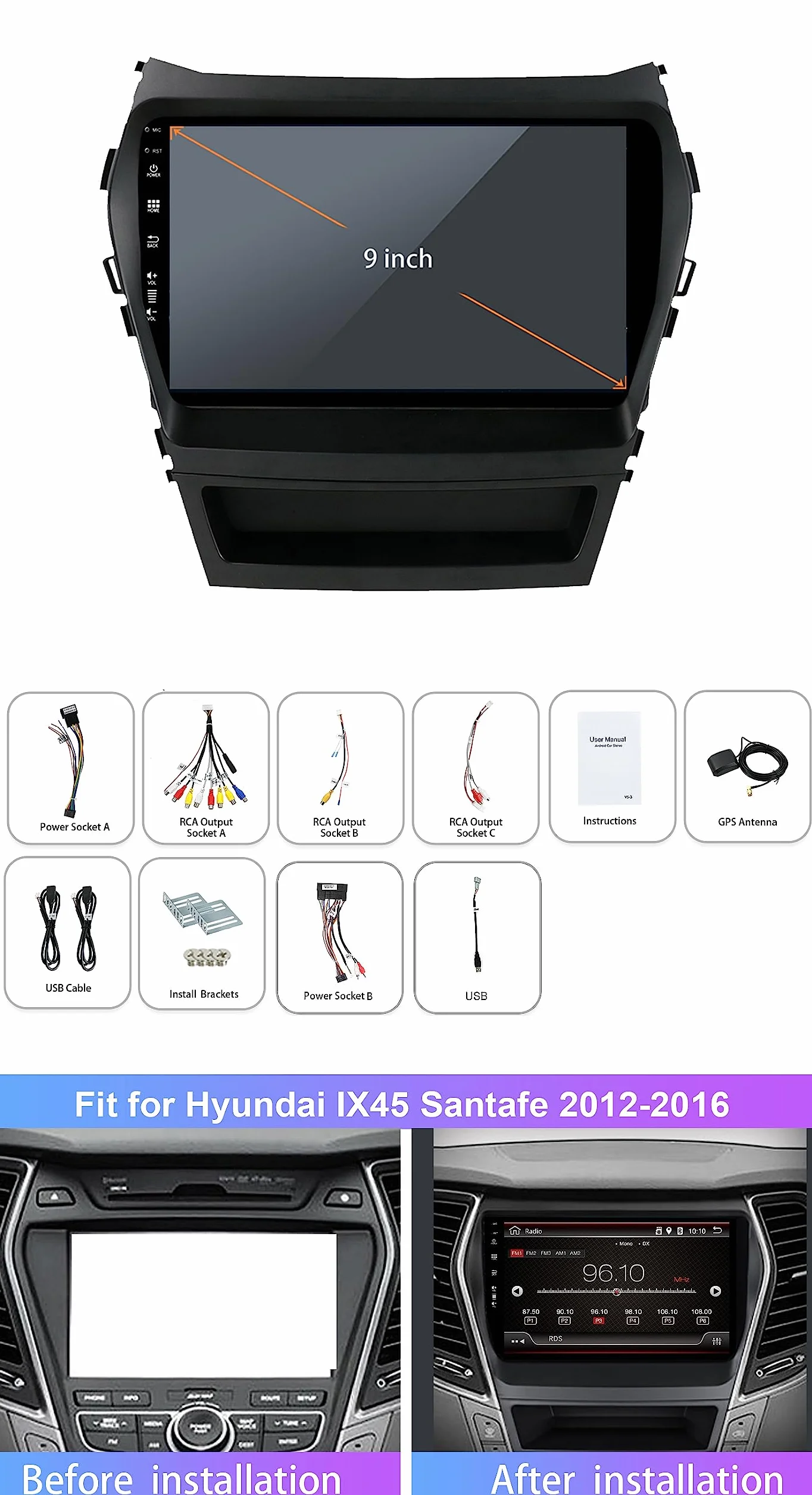 2GB+64GB radio samochodowe dla Hyundai IX45/Santa Fe 2012-2017 Android 15 Nawigacja GPS ze sterowaniem na kierownicy BT 5.0 Link do lusterka GPS WiFi CarPlay