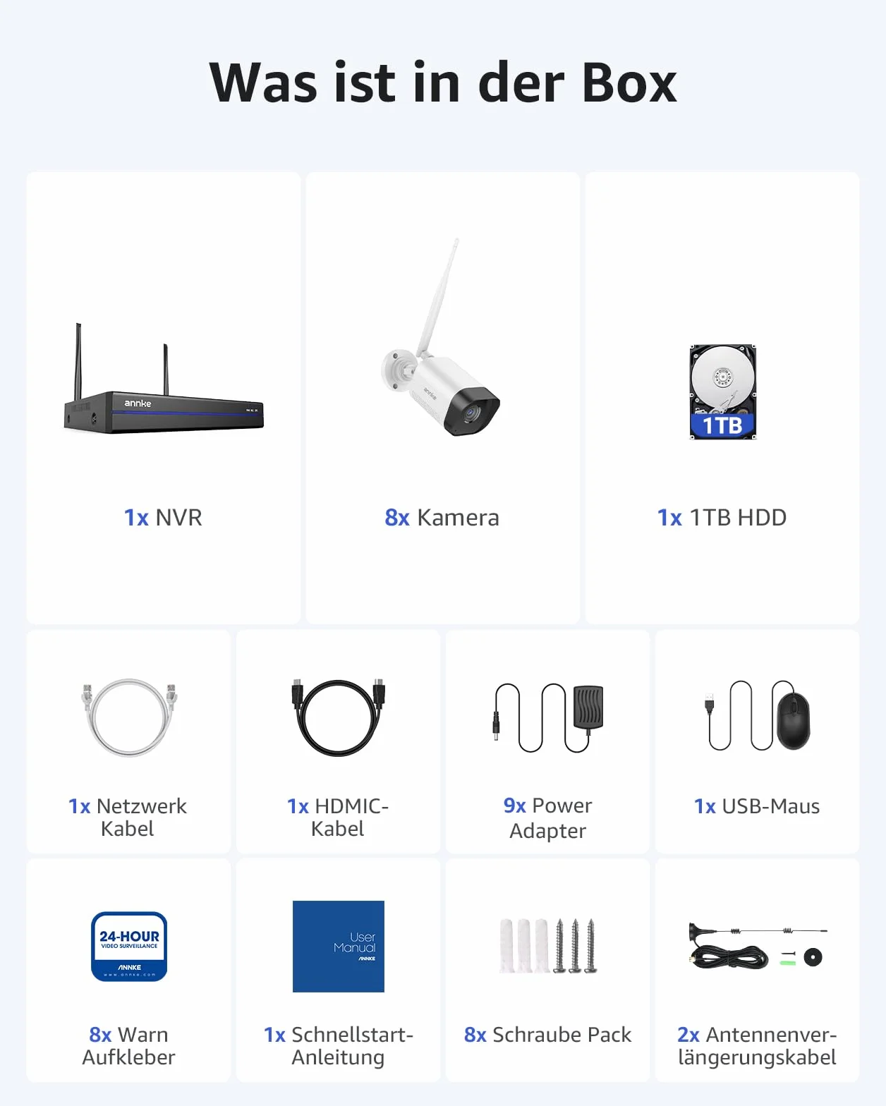 ANNKE Zestaw kamer monitoringowych 3 MP WLAN, 8 CH 5 MP, NVR, 8 kamer 3 MP, WiFi, zestaw do monitoringu wideo z dyskiem twardym 1 TB, obsługuje nagrywanie audio, odporność na warunki atmosferyczne