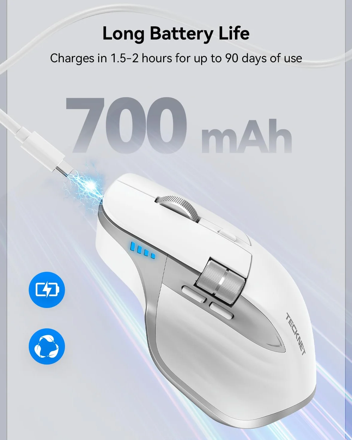 TECKNET Bezprzewodowa Mysz Bluetooth (BT 5.3/5.0+2,4G), Boczne Kółko Przewijania, Ładowalna Mysz Ergonomiczna, Ciche Klikanie, 4800 DPI, 7 Przycisków, dla Mac OS, Windows, Biały | 3 tryby (BT 5.3/5.0+2.4G), cichy, 6 regulowanych poziomów DPI, kompatybilny