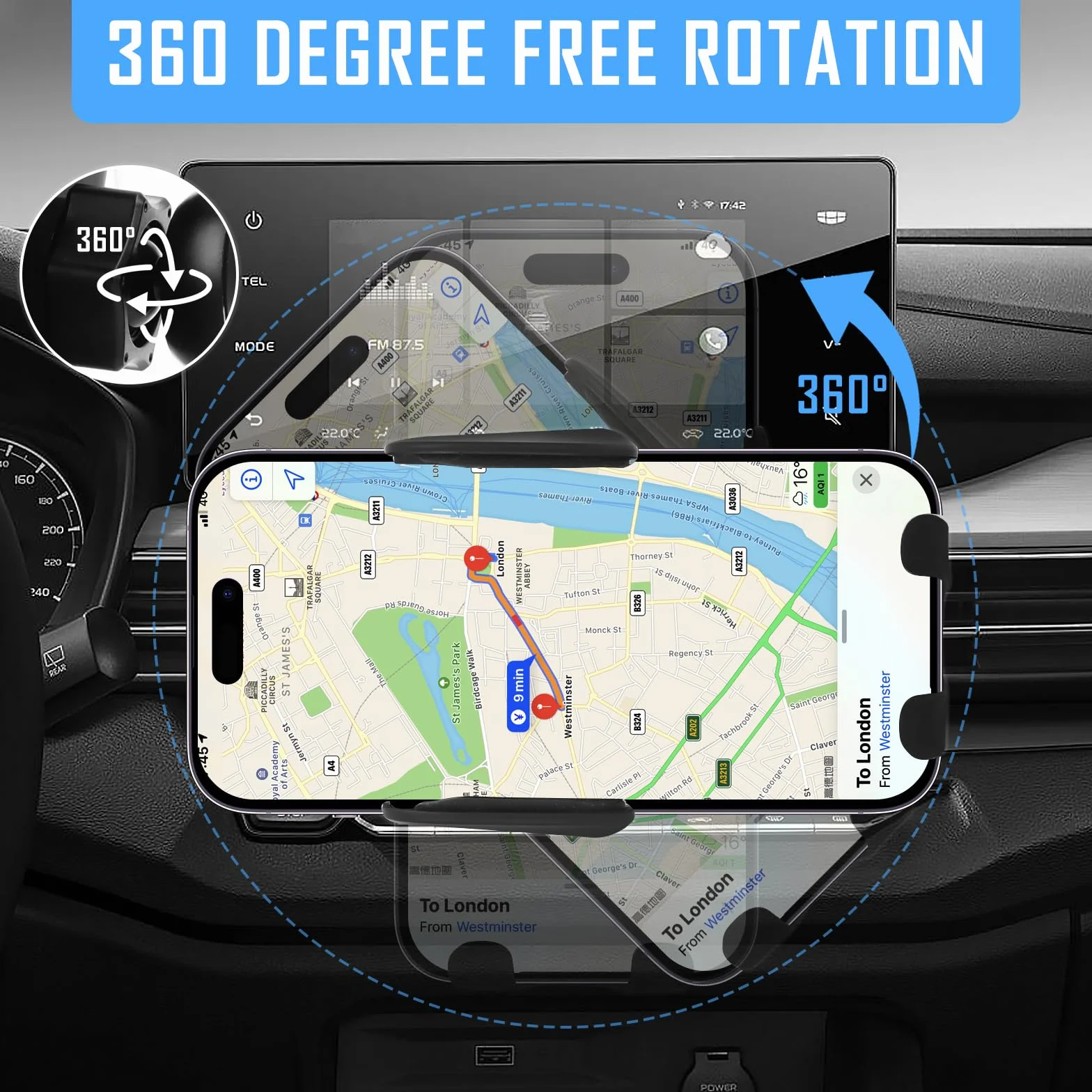 Samochodowy uchwyt na telefon komórkowy z funkcją ładowania, bezprzewodowa ładowarka, indukcyjna stacja ładująca, podwójna cewka, obrotowa o 360°