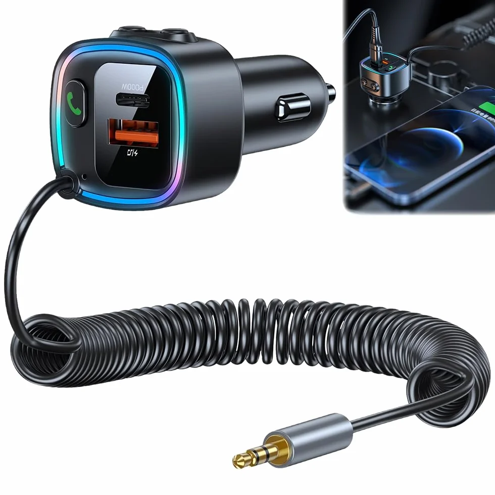 Aux Bluetooth Auto 5.4 adapter samochodowy Bluetooth Bluetooth z gniazdem AUX 3,5 mm, ładowarka samochodowa 42 W, szybkie ładowanie PD 30 W i QC 12 W, kabel sprężynowy 90 cm
