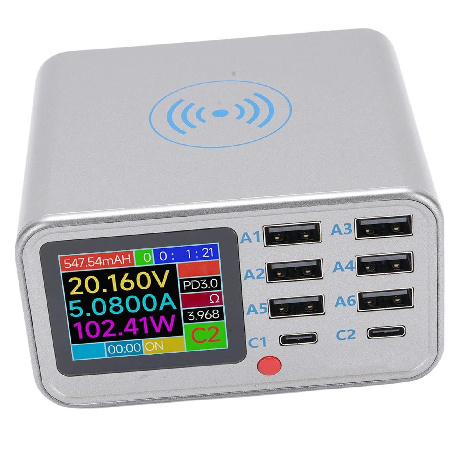 Naroote Stacja ładująca z Wieloma Portami USB i Bezprzewodowa, 8-portowy Koncentrator ładujący USB o Mocy 100 W, Szybkie ładowanie QC3.0 PD do Telefonu Komórkowego i Tabletu (wtyczka UE)