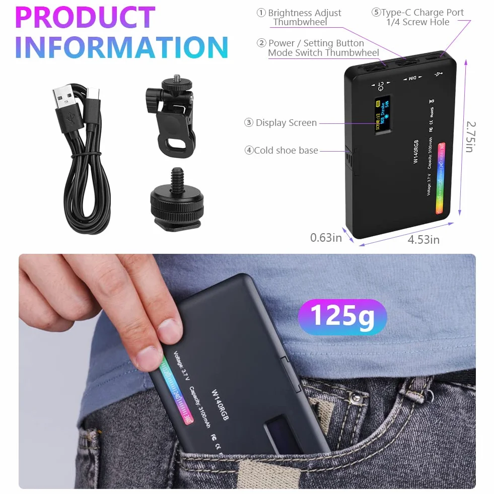 AXFEE Lampa wideo LED RGB, 5", światło wideo z możliwością ściemniania, 2500 K - 9000 K, z klipsem na telefon i uchwytem na zimne buty, wbudowany akumulator 3100 mAh, CRI 95+, światło do fotografii