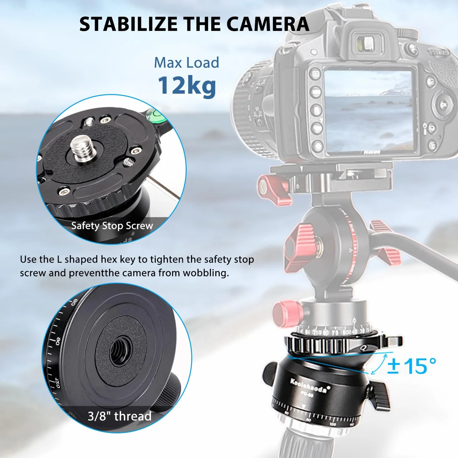 Koolehaoda Głowica poziomująca do aparatu, aluminiowa podstawa panoramiczna 360° frezowana CNC z gwintem 3/8" i przesuniętym poziomicą do głowicy wideo, statywów i monopodów (PD-60)