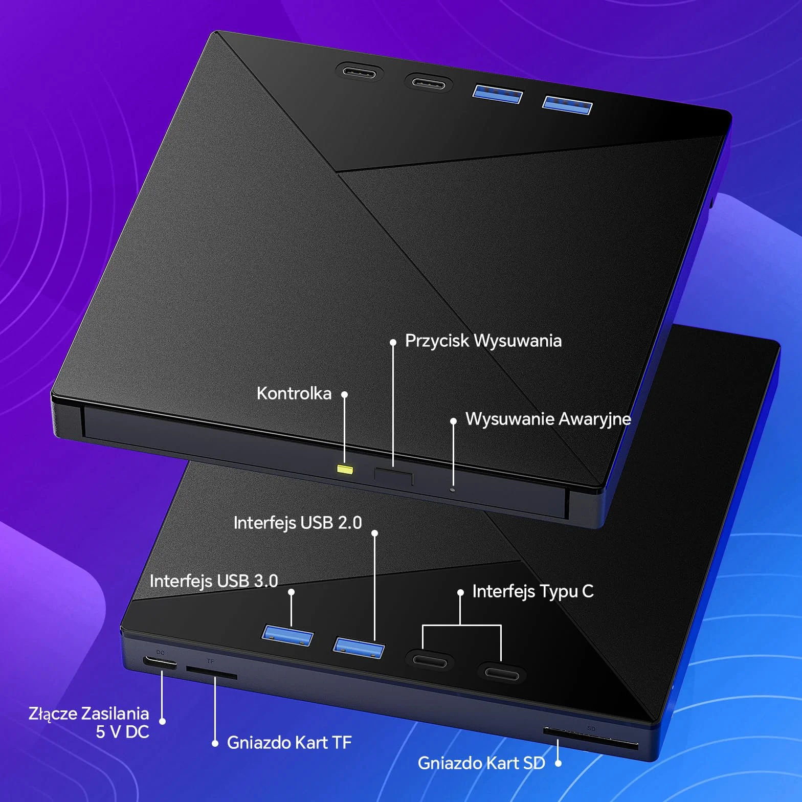 Zewnętrzny napęd CD/DVD Przenośna Nagrywarka Odtwarzacz 7 w 1 | Interfejsem USB 3.0 i Type-C oraz Czytnikiem kart SD/TF i Hubem USB Kompatybilny z Mac/Linux/PC/Laptopa/Windows