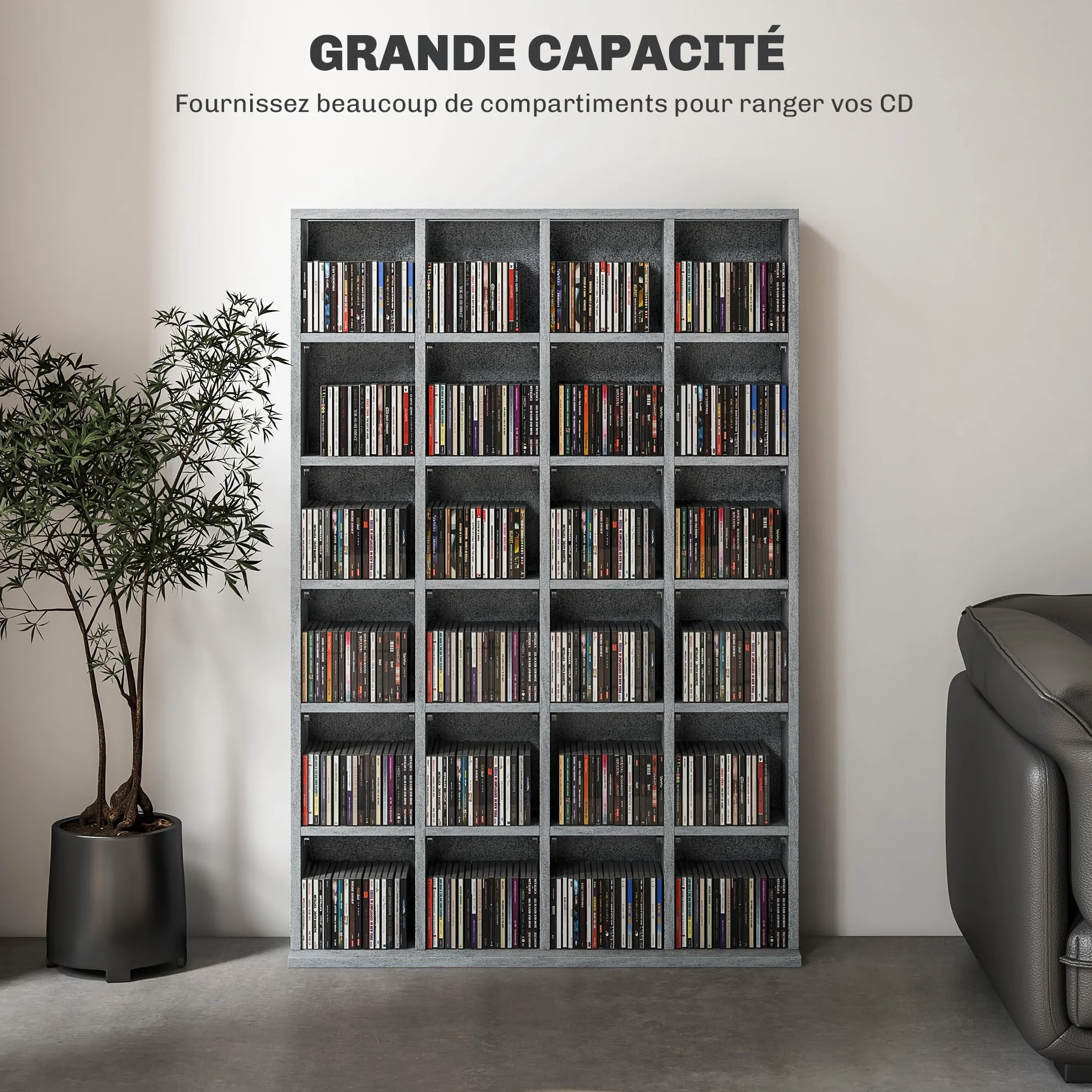 HOMCOM Przechowywanie płyt CD i DVD, nośnik multimedialny z 24 przegródkami, maks. pojemność 480 CD/312 DVD, drewniany regał z regulowanymi półkami, 89 x 20 x 130,5 cm, szary