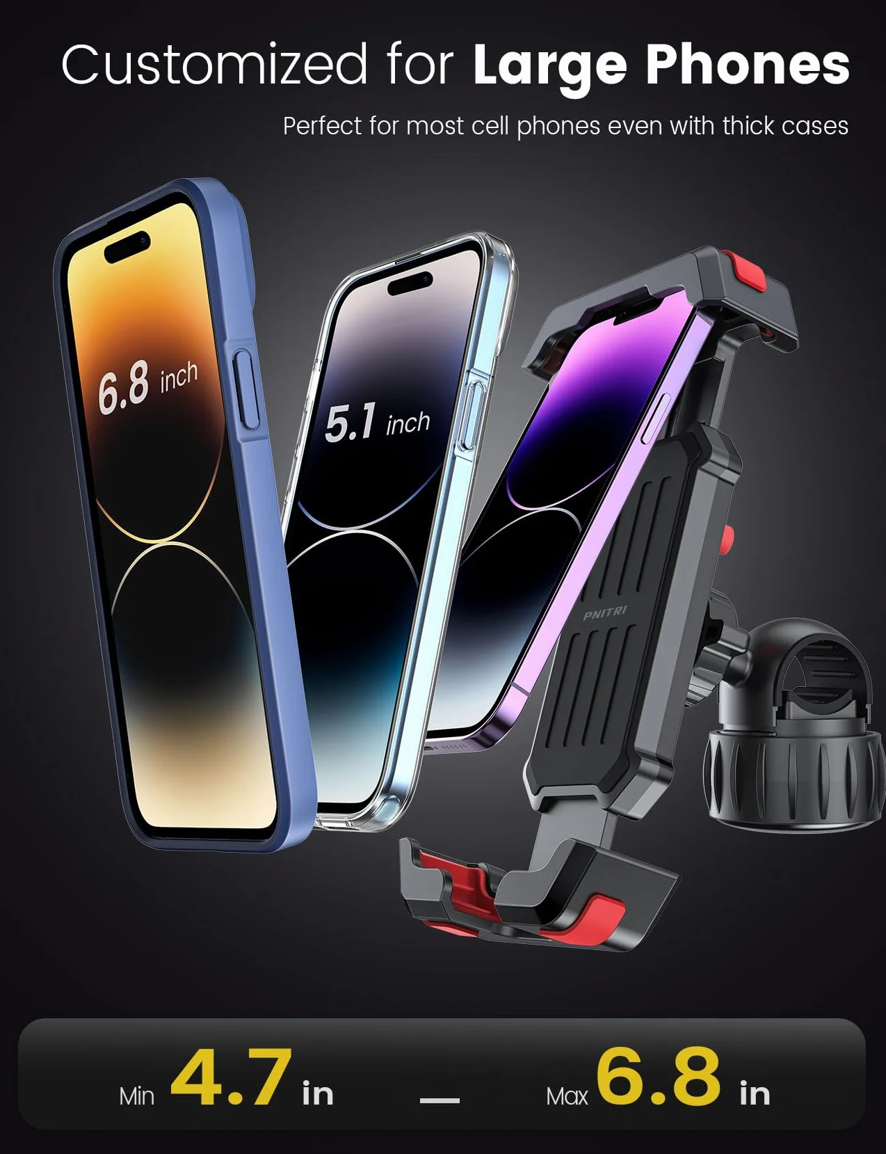 Pnitri Uchwyt na telefon komórkowy, uchwyt na telefon motocyklowy [szybka instalacja i blokada 1s] Uniwersalny uchwyt na telefon rowerowy do iPhone'a, Samsung, 4,5-7,2 cala