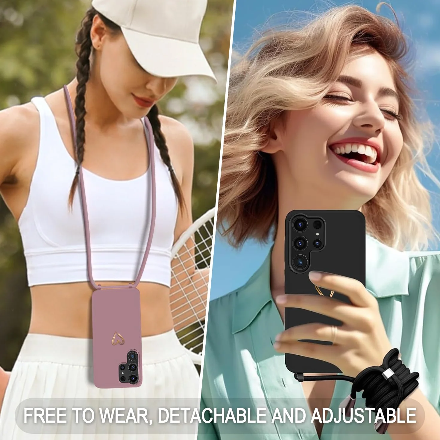 Pasek na telefon komórkowy Samsung Galaxy S24 Ultra, etui z paskiem, złote serce, cienkie, odporne na uderzenia etui ochronne, ze zdejmowanym sznurkiem do zawieszenia, płynne etui na telefon
