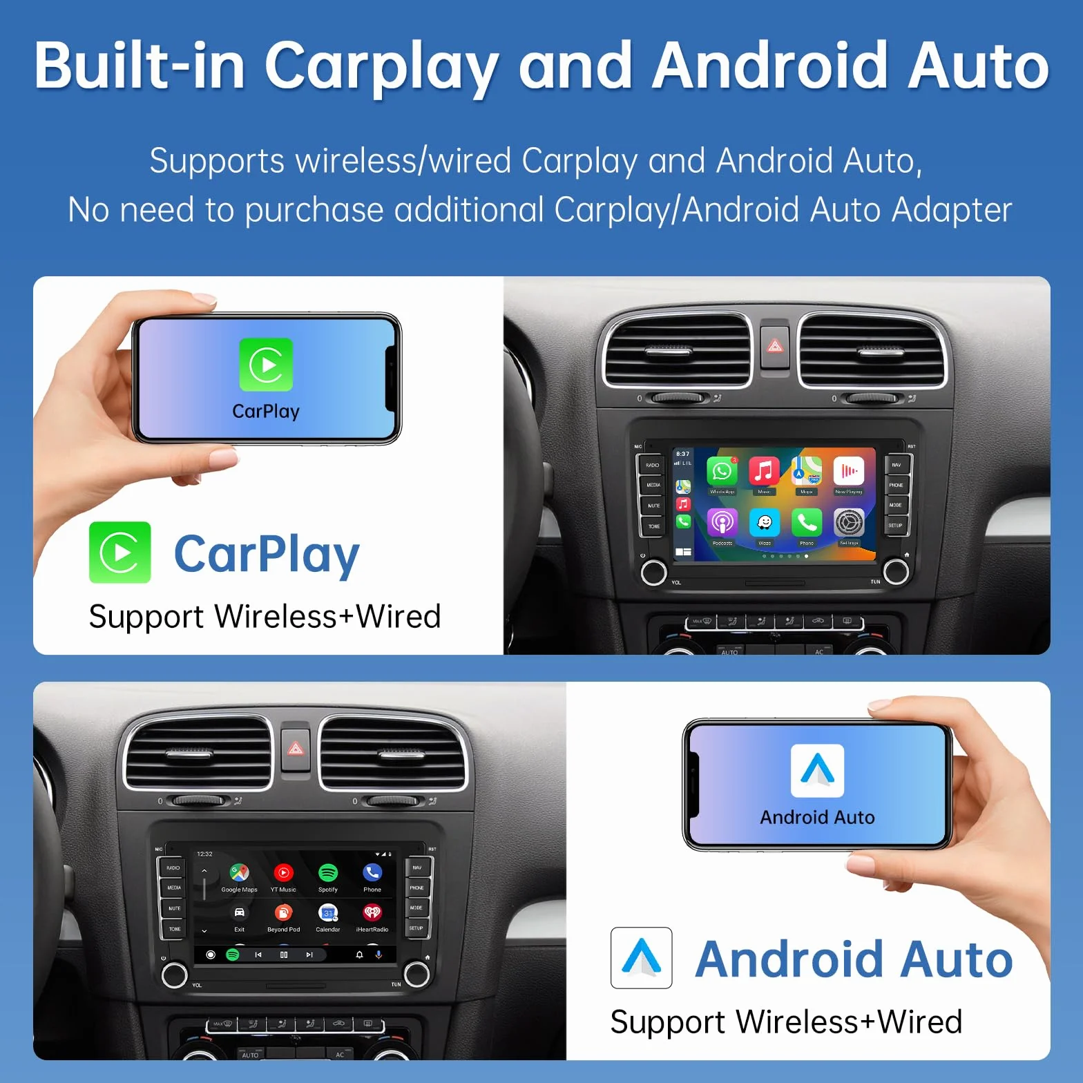 Road Top Ekran CarPlay, 7-calowy ekran dotykowy Linux Autoradio dla VW/Volkswagen/Skoda/Seat, Odbiornik radiowy z Wireless CarPlay/Android Auto/Mirrorlink, z Siri/Nawigacja Multimedia Stereo