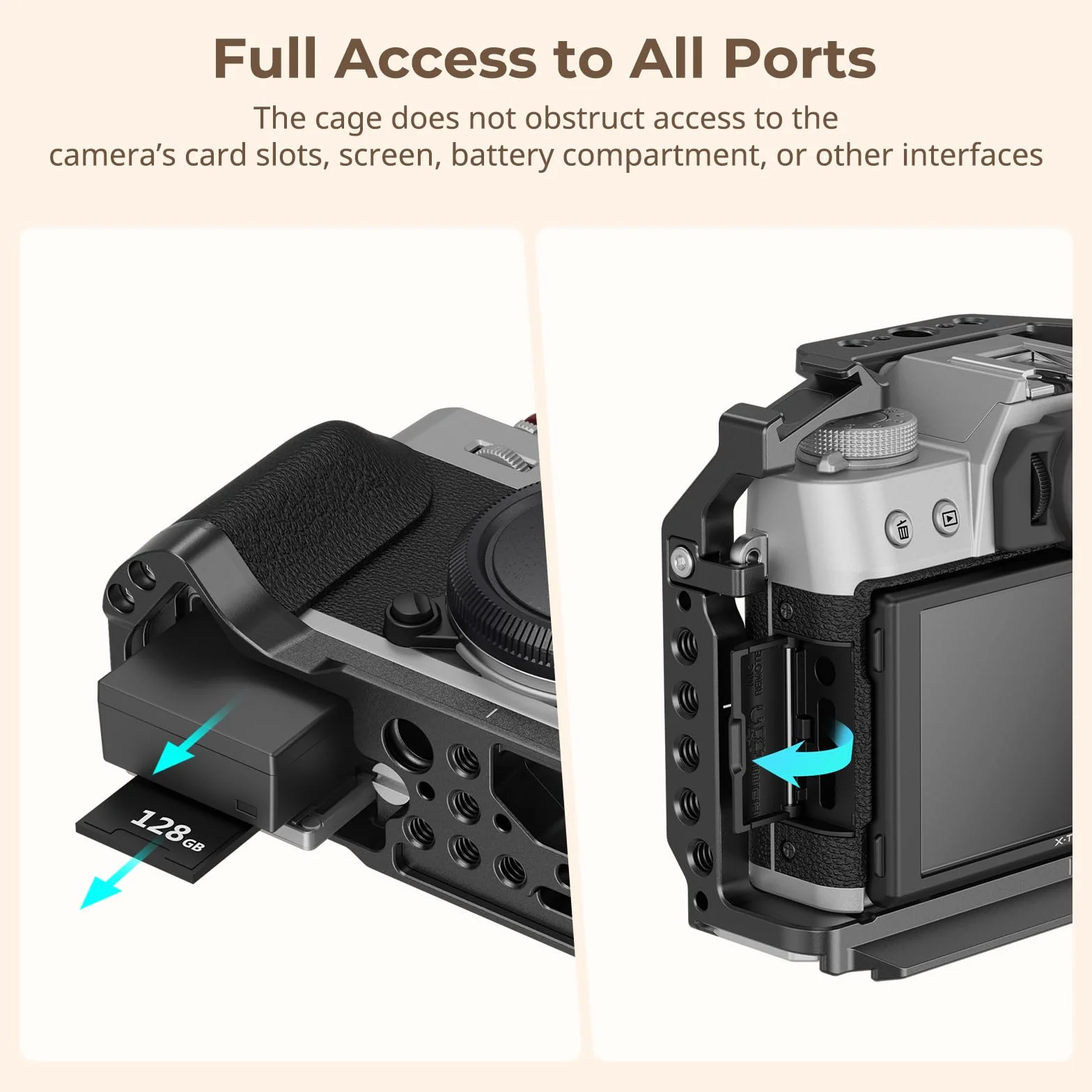 SMALLRIG Klatka fotograficzna X-T30 III do FUJIFILM X-T30 / X-T30II / X-T30III, wbudowany ergonomiczny silikonowy uchwyt, płytka szybkiego montażu do Arca, gniazdo QD i otwory na pasek - 5662
