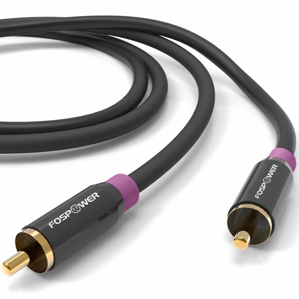 FosPower Kabel subwoofera (3,0 m), pozłacany 24-karatowym złotem, podwójnie ekranowany, złącze kabla audio subwoofera RCA do dźwięku przestrzennego/Dolby Digital/DTS, męski na męski