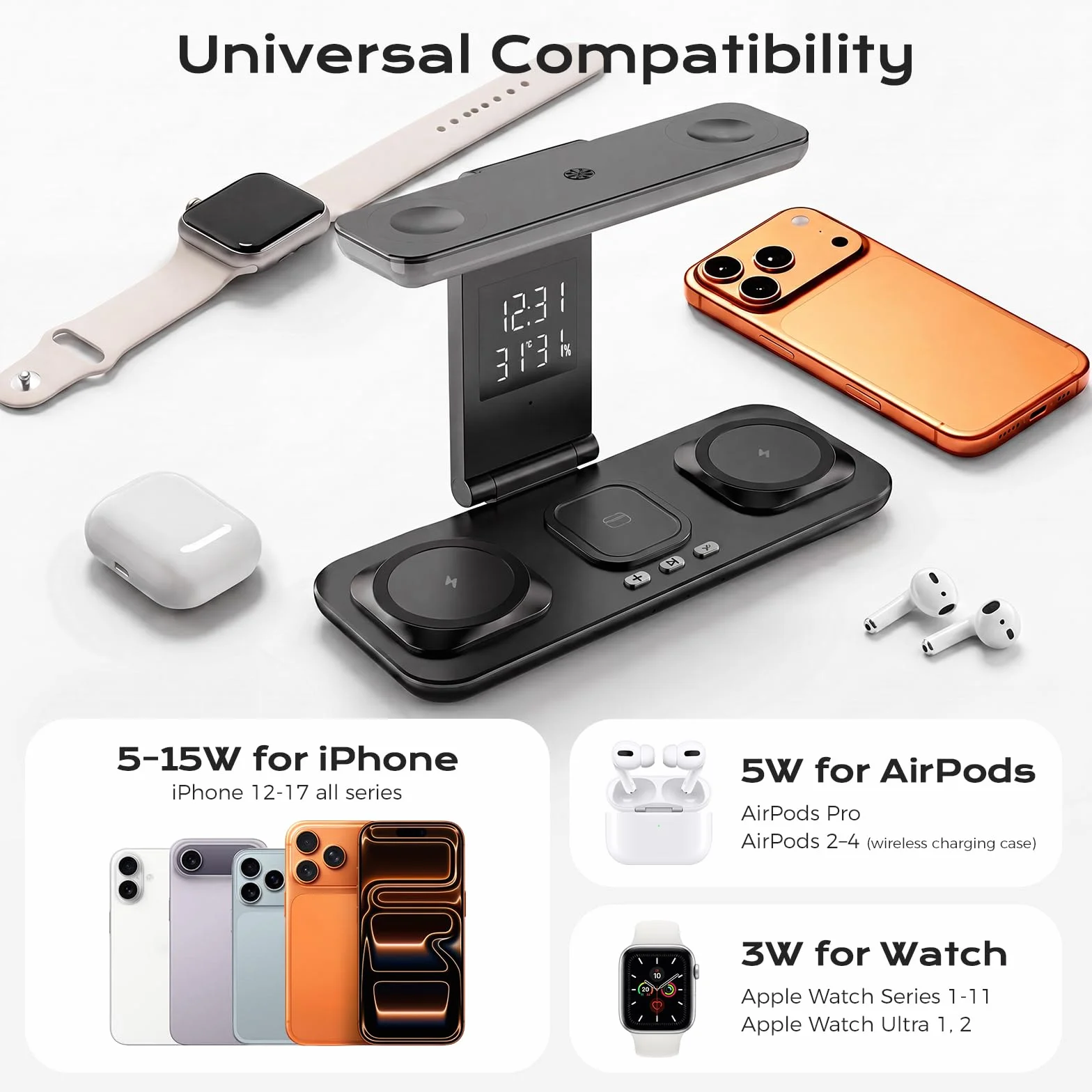 Stacja Ładująca Qi2 15W TEC Cooling 4 w 1, Składana Bezprzewodowa Ładowarka do iPhone 17/16/15/14/13, Apple Watch i AirPods, Lampka LED, Zegar Temp Wilgotności, Biurkowa Stacja Nocna，Czarny