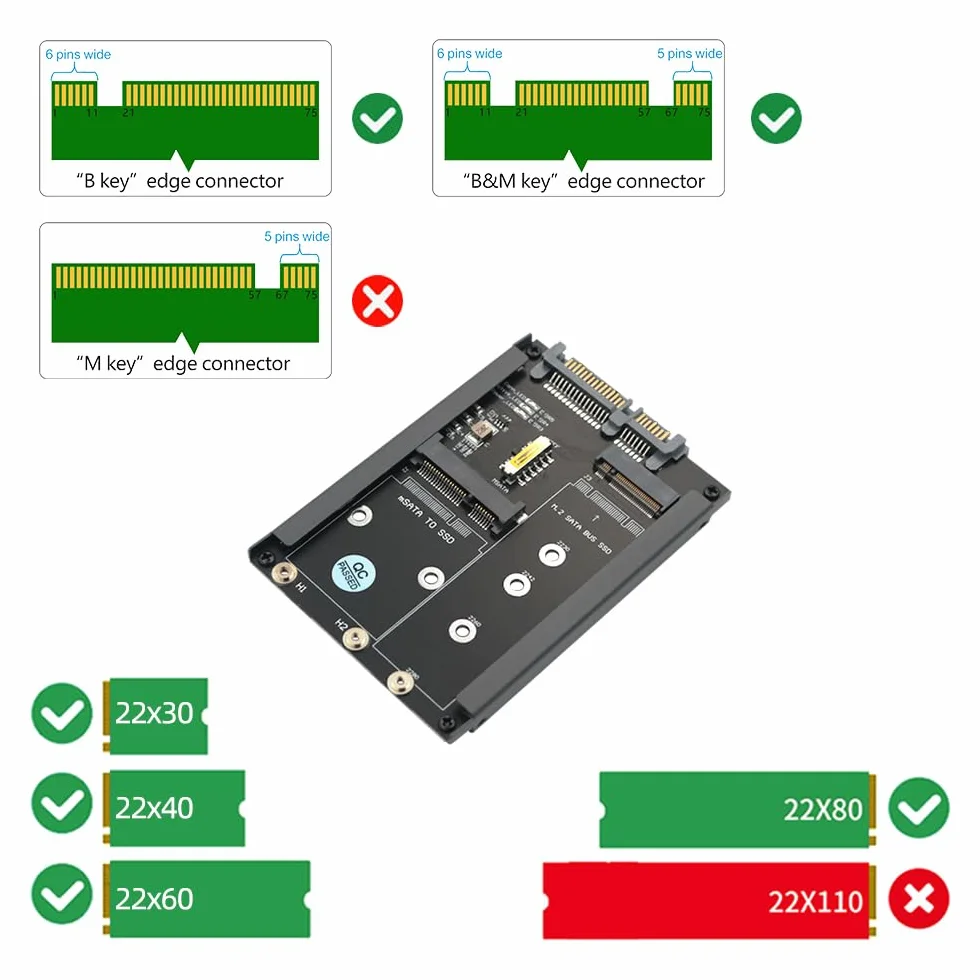 2 w 1 MSATA i B Key SSD na 2,5-calowy SATA III z uchwytem ramowym, który zachowuje dysk mSATA SSD jako 2,5-calowy dysk SATA 7 mm