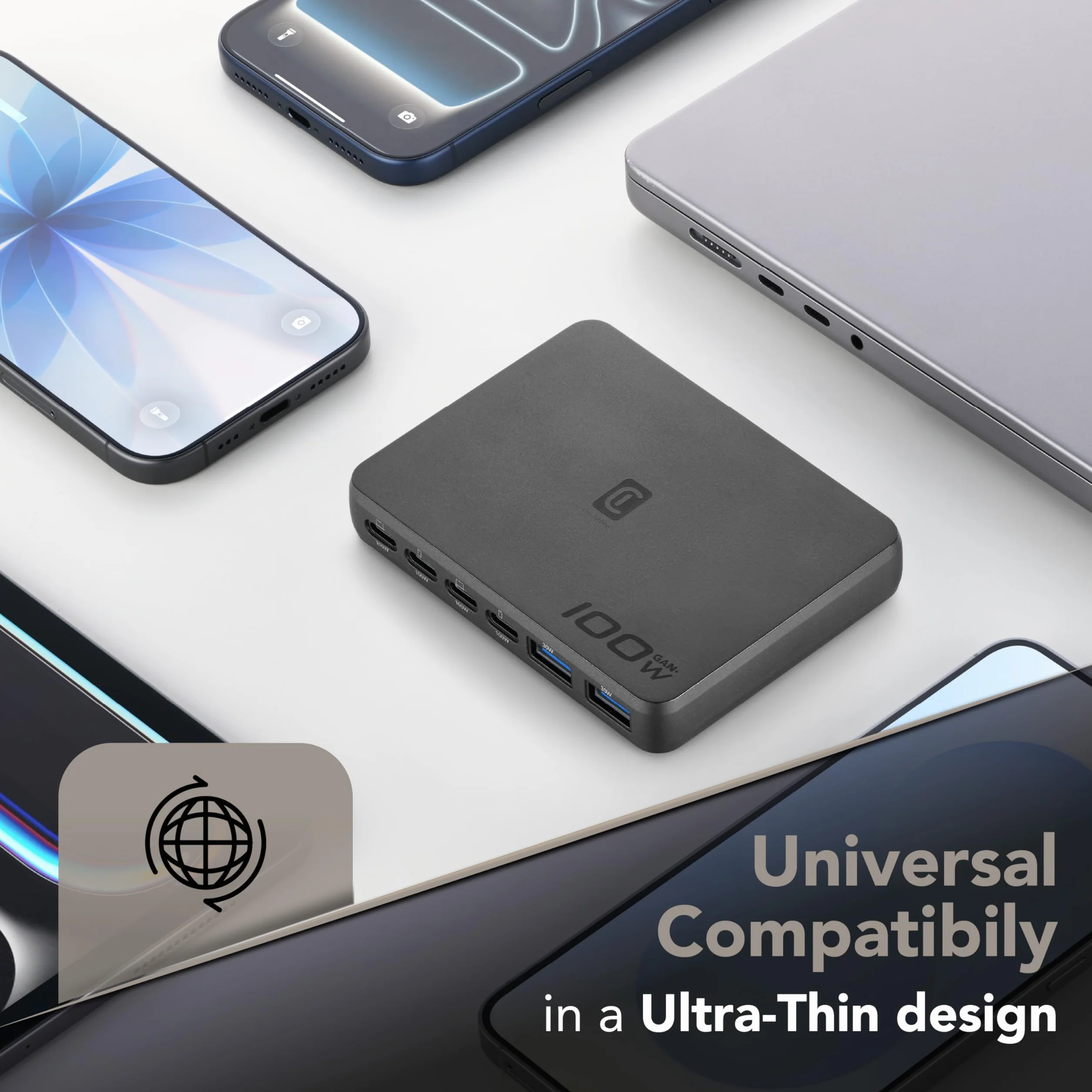Cellularline Power Lite 100 W stacja ładująca na biurko z 6 portami, w tym 4 USB-C i 2 USB-A, GaN+ do smartfonów, tabletów i laptopów, kolor czarny
