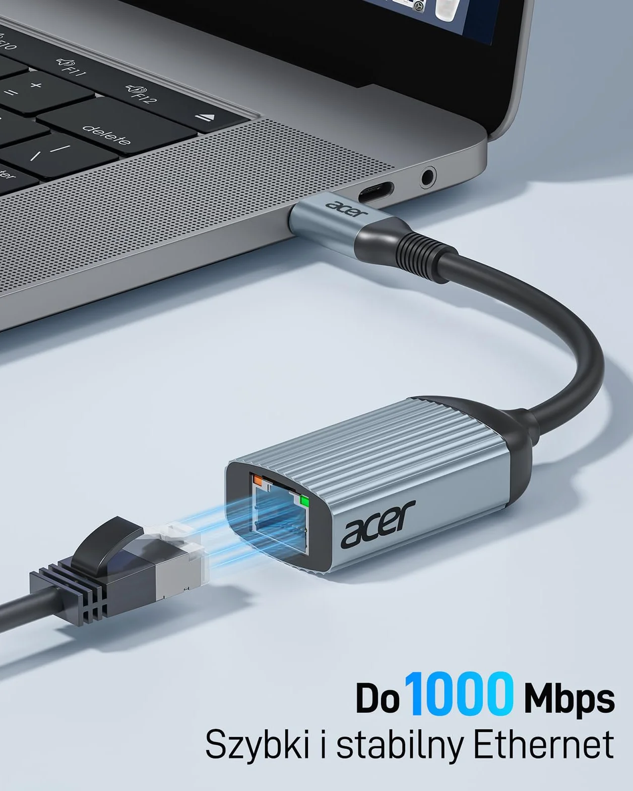 acer Przejściówka USB C na Ethernet, Przejściówka RJ45 na USB Type-C Ethernet bez sterowników, aluminiowa przejściówka LAN 1Gbps do MacBooka Pro/Air, iPada Pro, iPhone'a 16 Pro/Max, Dell XPS (Szara)