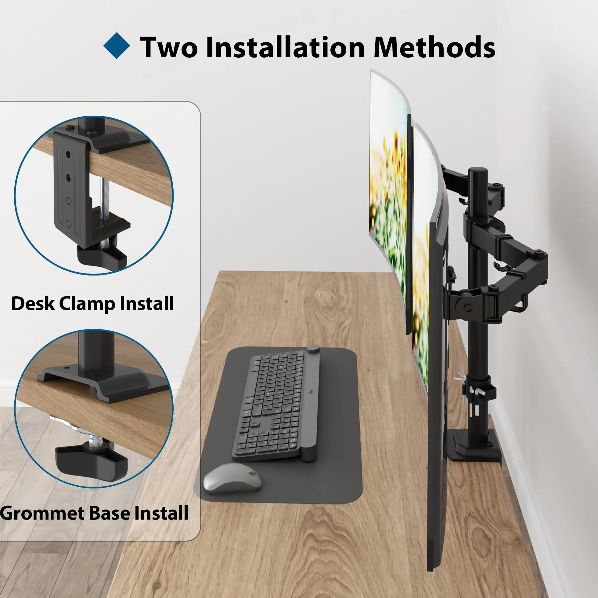 BONTEC uchwyt na 2 monitory 13-27 cali, regulacja wysokości, wychylny, obrotowy stojak na biurko, ergonomiczny uchwyt do monitora, VESA 75/100 mm, maks. 8 kg, czarny