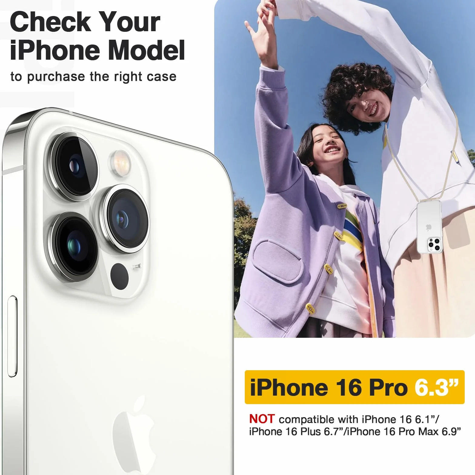GOODVISH iPhone 16 Pro Przezroczyste etui ze smyczą, odporne na wstrząsy, antypoślizgowe, kremowe