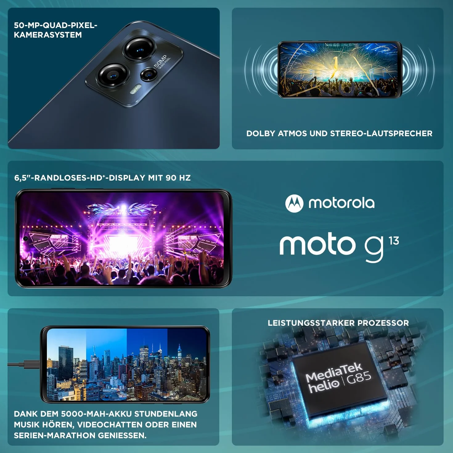 Motorola Moto G13 smartfon z wyświetlaczem HD + 6,52'', aparat 50 MP, 4/128 GB, 5000 mAh, Android 13), kolor grafitowy, matowy, w zestawie etui ochronne