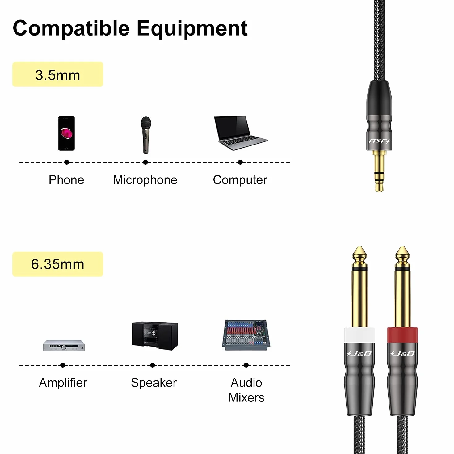 J&D 3,5 mm do podwójnego 6.35 mm cala Stereo Audio Rozdzielacz i kabel, 3,5 mm TRS Stereo Męski do podwójnego 6.35 mm Mono Męski Rozdzielacz Y Kabel do wzmacniacza/rejestratora dźwięku Mikser, 1,8 metr