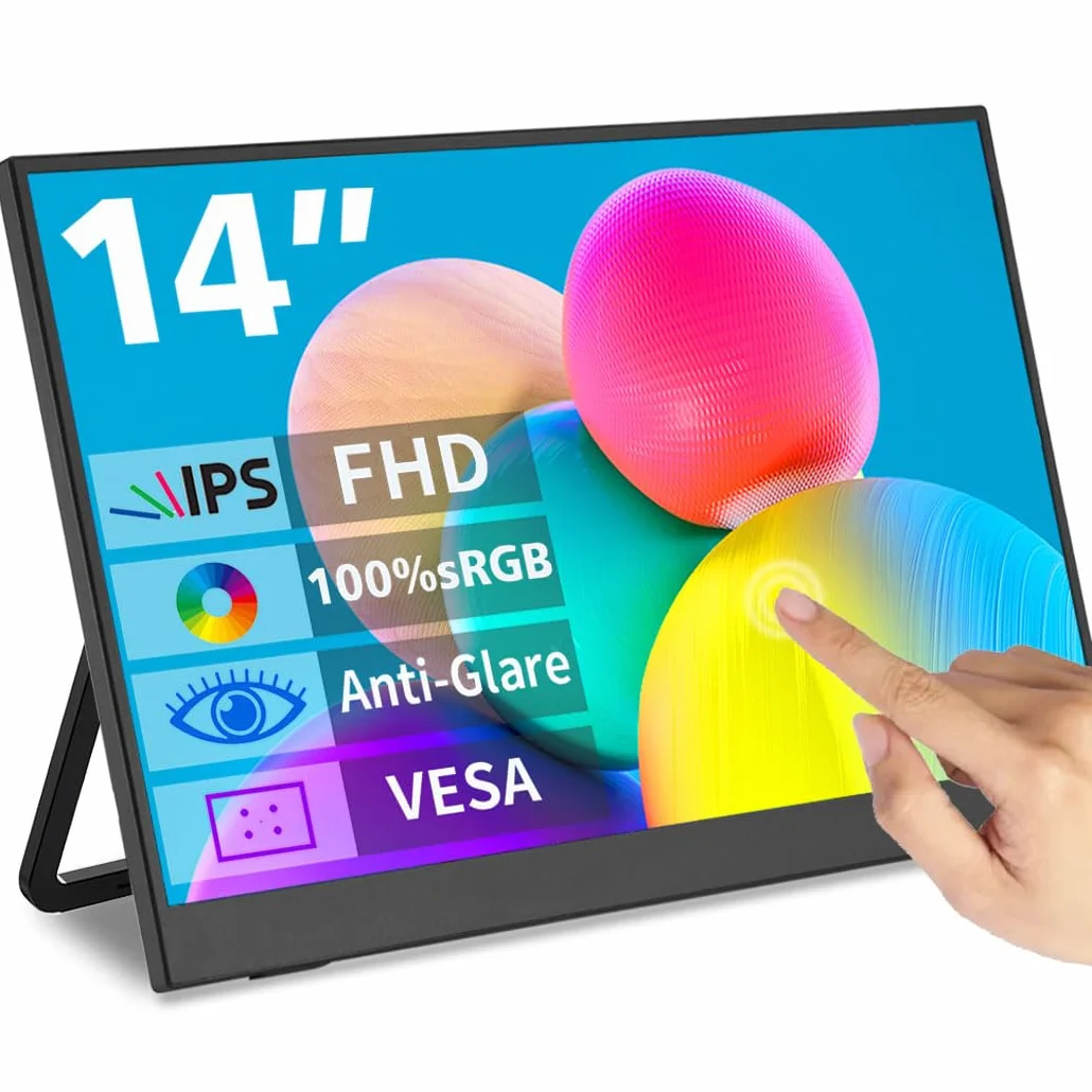 Przenośny monitor z ekranem dotykowym 35.6 cm, zewnętrzny wyświetlacz USB-C i FHD, 100% sRGB, antyodblaskowa, ochrona prywatności, niska mocowanie, monitor podróżny VESA do laptopa, Maca, gier, biura