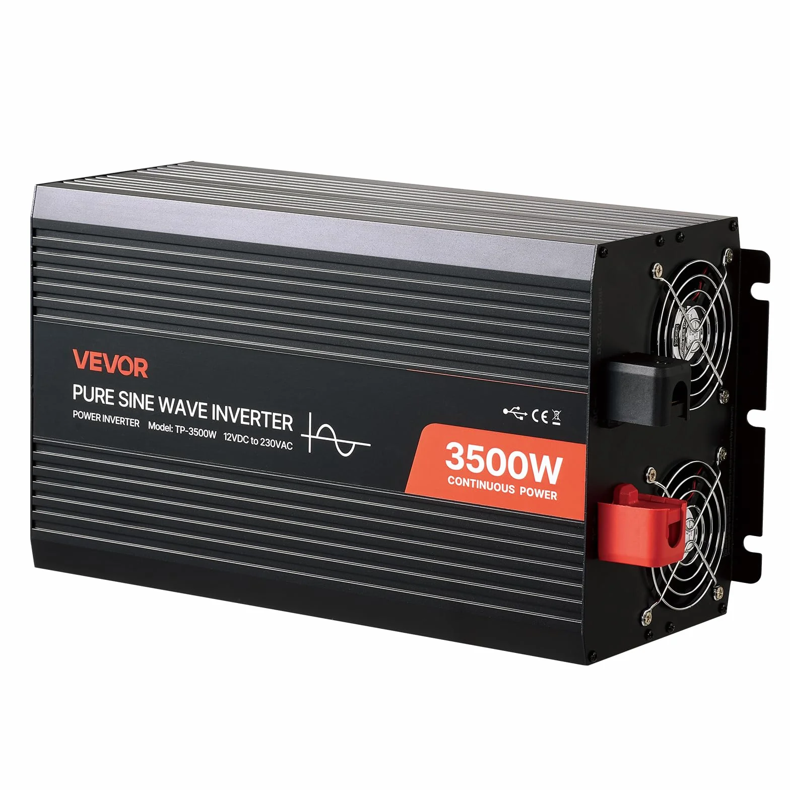 VEVOR Falownik prądu 3500 W, czysty falownik sinusoidalny 12 V DC na 230 V AC, konwerter ładowarki samochodowej z wyświetlaczem LCD, pilotem zdalnego sterowania, portami USB i typem C, gniazdami AC