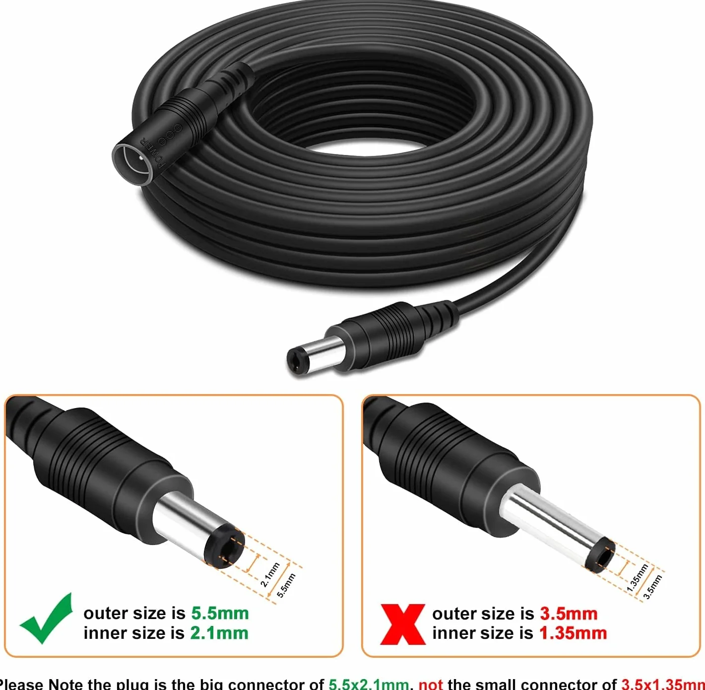 GTIWUNG Przewód przedłużający 12 V, 10 metrów, płaski kabel przedłużający, zasilacz DC 2,1 mm x 5,5 mm, kabel żeński na męski do kamery bezpieczeństwa CCTV/IP, DVR i innych urządzeń