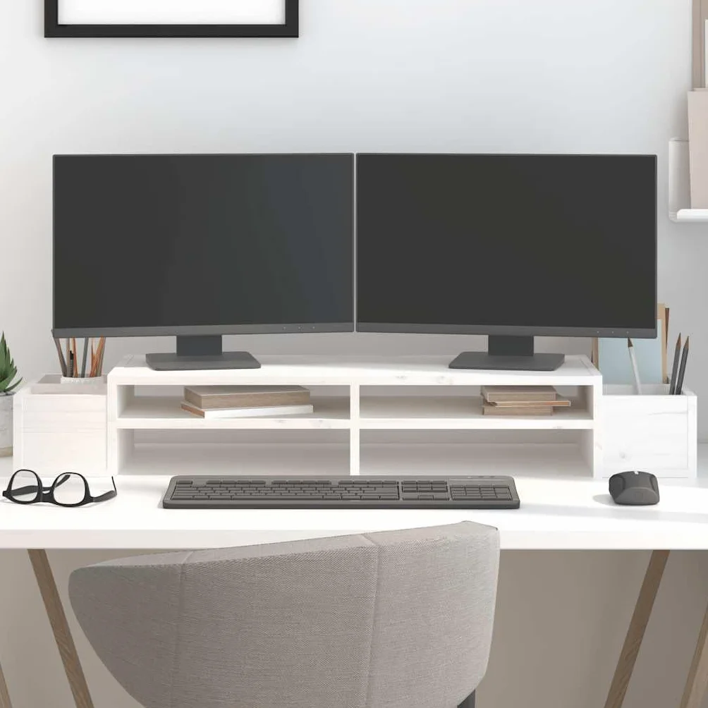 Hothingwell Stojak na monitor z litego drewna sosnowego, biały, 100 x 27,5 x 15 cm, podwyższacz ekranu z 4 bocznymi przegródkami do przechowywania na klawiaturę i akcesoria, stabilna rama redukująca