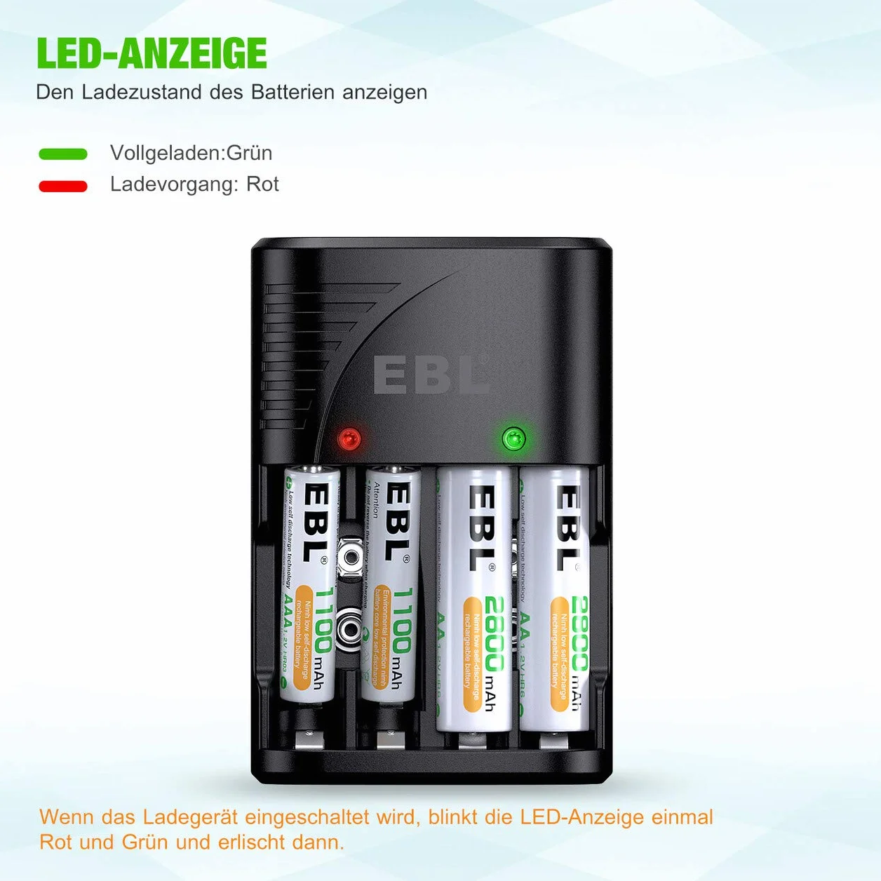 EBL Ładowarka do akumulatorów AA AAA 9 V NIMH, 4 gniazda ładowania Smart Plug, wielofunkcyjna ochrona, wyświetlacz LED, szybka ładowarka do AA AAA 9 V