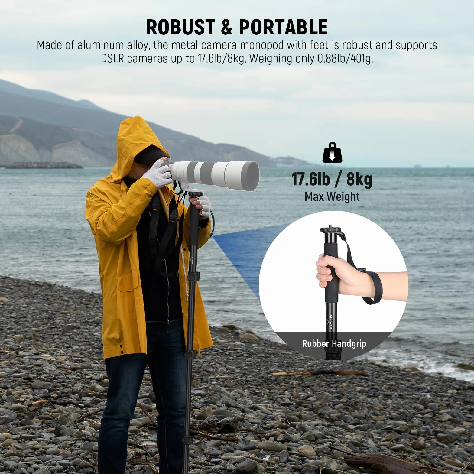 Neewer Stojak monopod na kamerę 61"/155 cm, przenośny podróżny monopod wideo ze stopu aluminium z adapterem śrubowym 1/10.2 cm 3/20.3 cm do kamery DSLR, profesjonalne akcesoria do aparatów, maksymalne