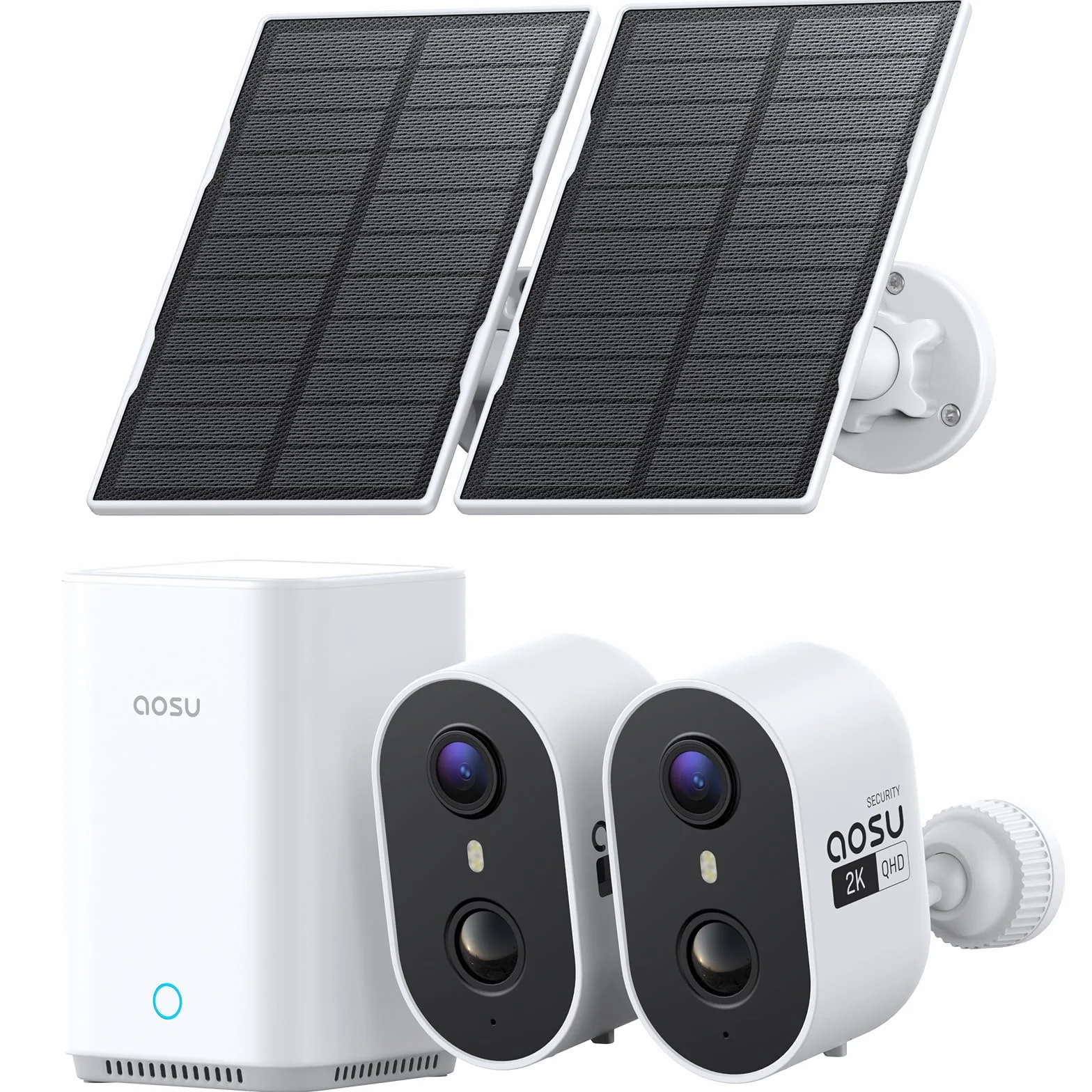 aosu Bezprzewodowa zewnętrzna kamera nadzorująca WiFi 2K, zestaw 2 kamer i aosuBase 2.0, bez abonamentu 32 GB w zestawie, możliwość rozszerzenia do 1 TB, wykrywanie AI PIR, alarm, noktowizor TrueColor