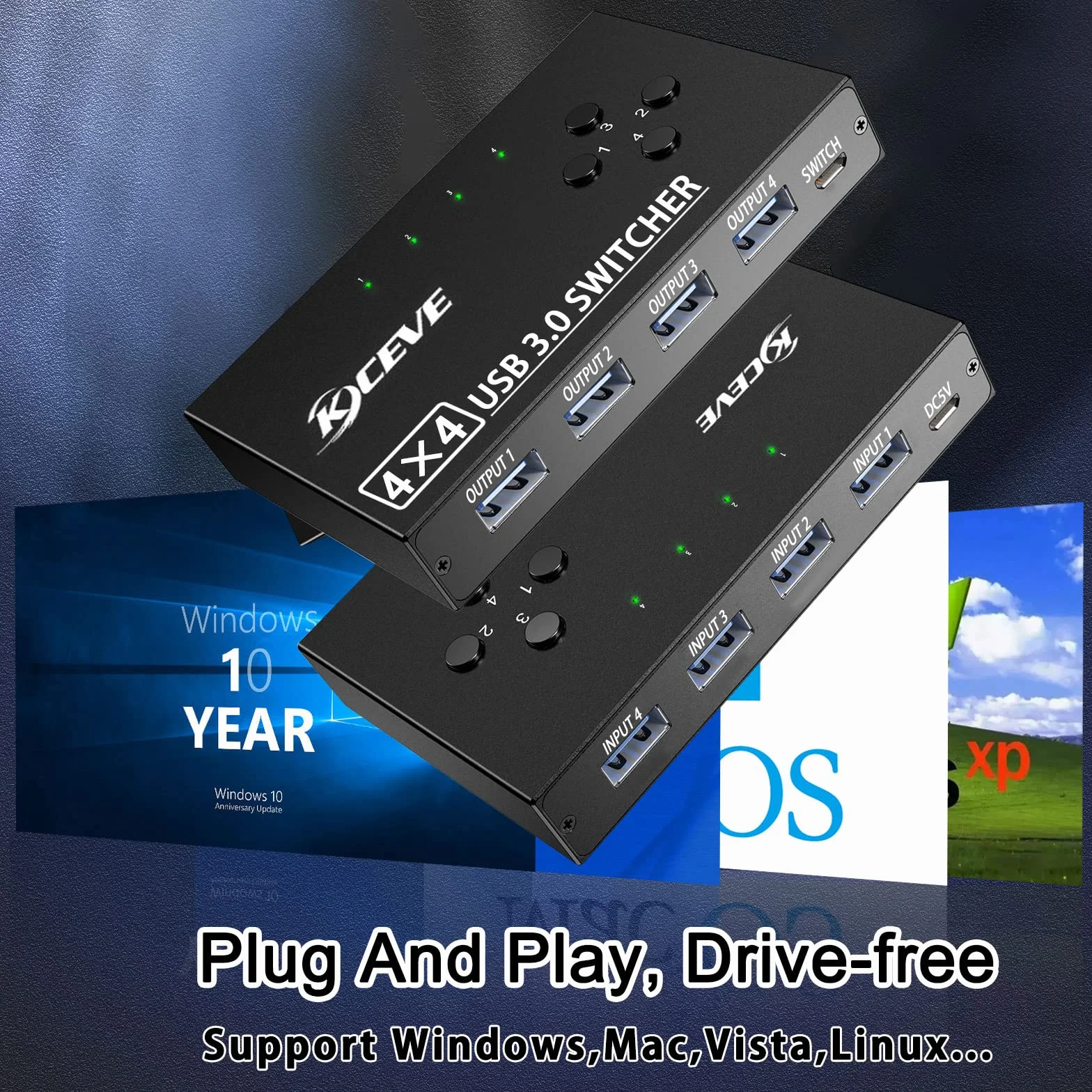 Selektor Przełącznika USB 3.0 4 Porty, MLEEDA Przełącznik KVM 4 Komputery Udostępniające 4 Urządzenia USB, do Skanera Drukarki Klawiatury i Myszy, Przewodowym Przyciskiem Zdalnego i 4 Kablami USB 3.0
