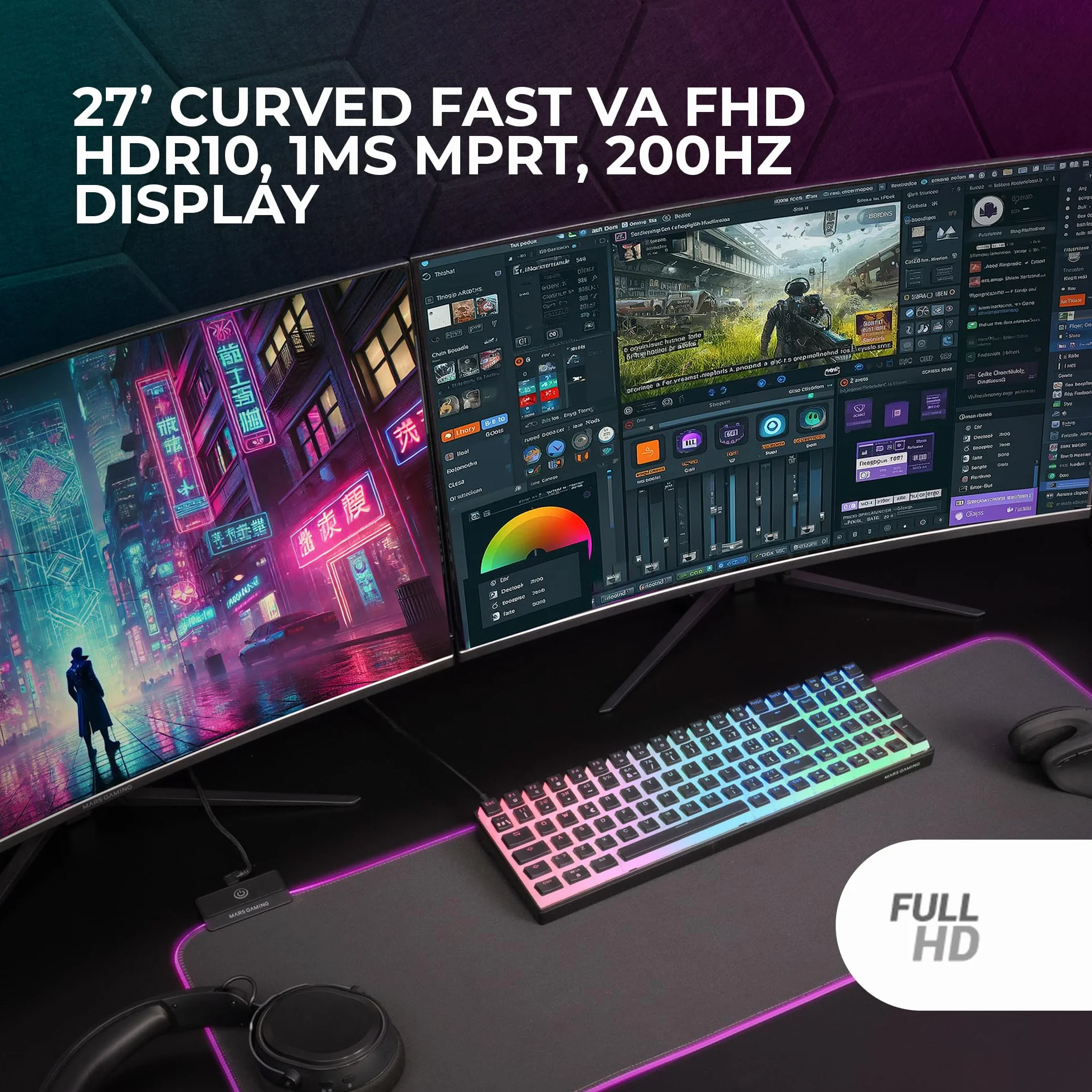 Mars Gaming MV-27C, Zakrzywiony Monitor Gamingowy 27” FHD 1080p 200Hz, HDR10 1ms, FreeSync i G-Sync, Bezramkowy Monitor PC, Low Blue Light i Flicker-Free, HDMI + DisplayPort + Jack 3.5mm, Czarny