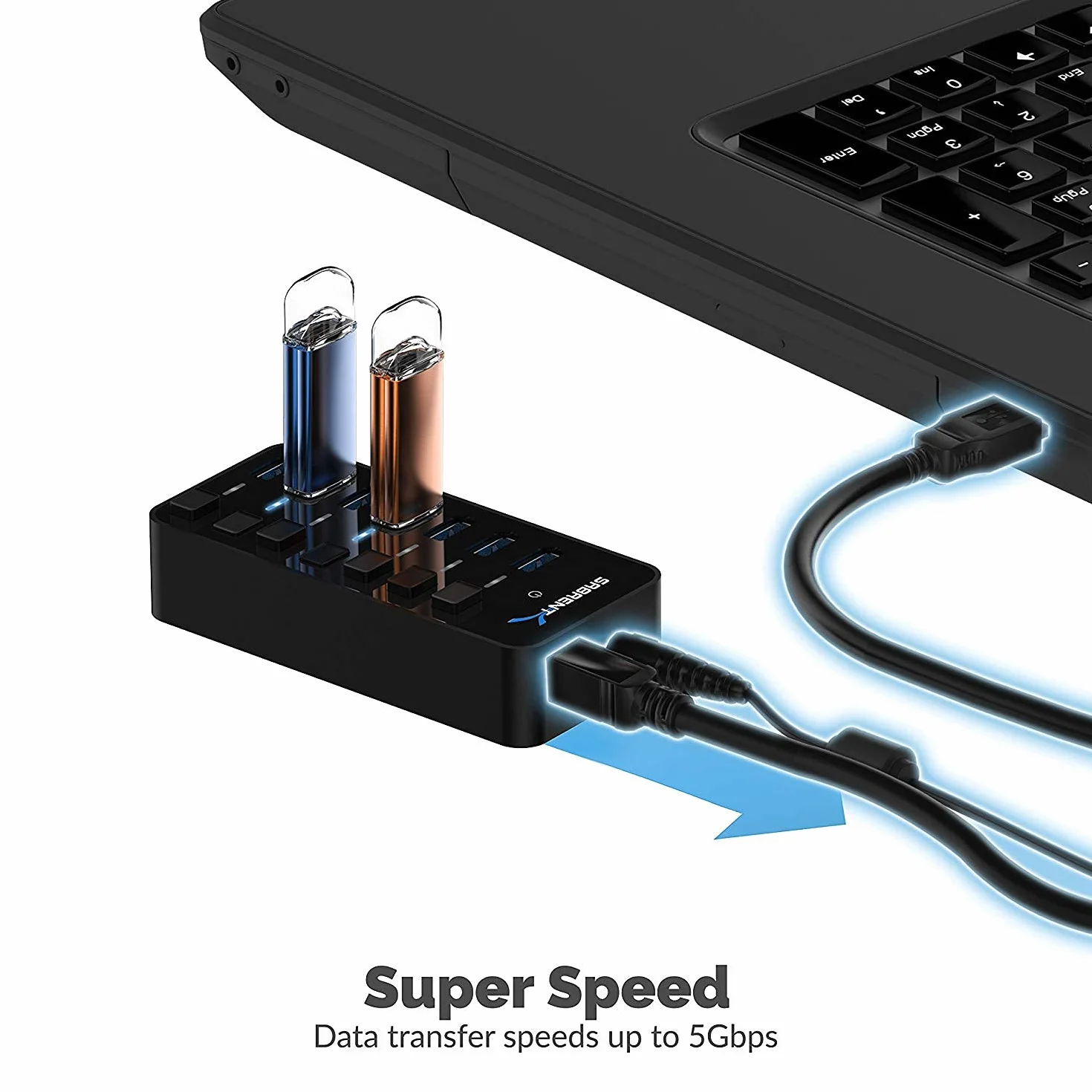 SABRENT Koncentrator USB Zasilany, Stacja Dokująca 3.2 z 7 Portami, Adapter 5V/3A 36W, Wieloportowy z Przełącznikami i Indywidualnymi Diodami LED (HB-BUP7) | Pojedyncze przełączniki zasilania + diody LED; zawiera zasilacz 36 W 12 V/3 A