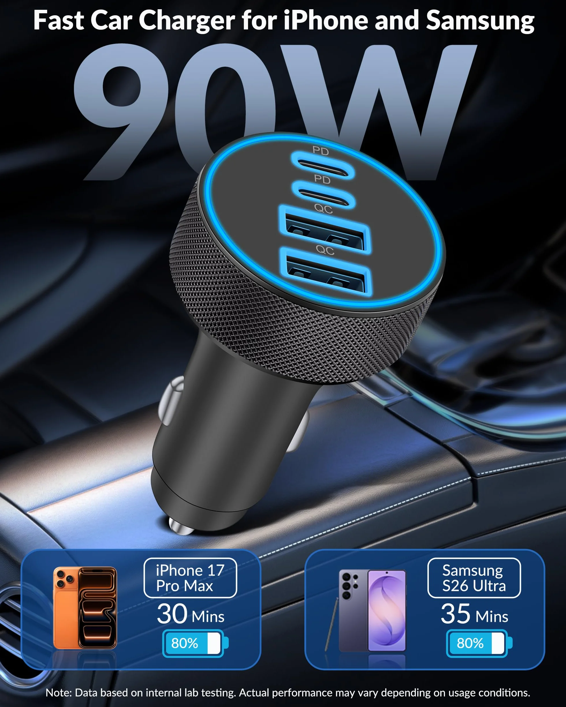 [2-pak] Ładowarka samochodowa USB C, 4 w 1 90 W szybkie ładowanie 4-portowe podwójne 45 W USBC i USB A ładowarka samochodowa Cargador Carro zapalniczka adapter do iPhone 16e 16 15 14 13 12 Pro Max
