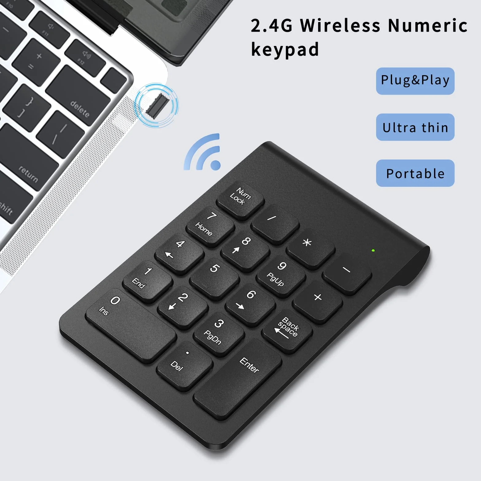 cimetech Bezprzewodowa klawiatura numeryczna, przenośna 2,4 G, ergonomiczna mini klawiatura numeryczna z odbiornikiem USB, 18 przycisków, bloki numerów biurowych do laptopa, notebooka, komputera
