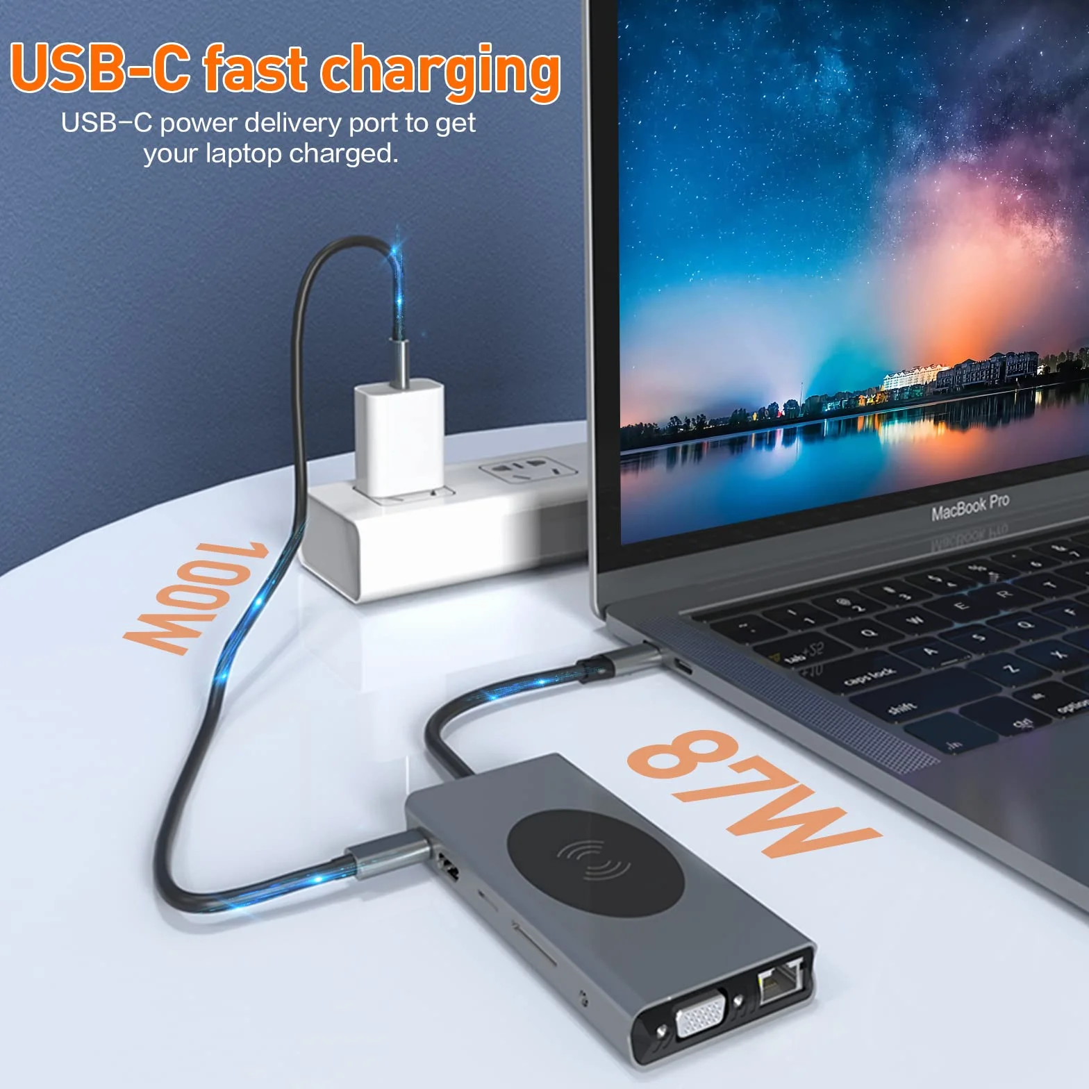 Adapter/Hub USB C z bezprzewodowym ładowaniem, 13 w 1, z HDMI 4K, VGA, 2 x USB 3.0, USB C 3.0 i 2.0, RJ45, Power Delivery 100 W, SD/TF i 3,5 mm AUX, kompatybilny z MacBookiem Pro i innymi laptopami