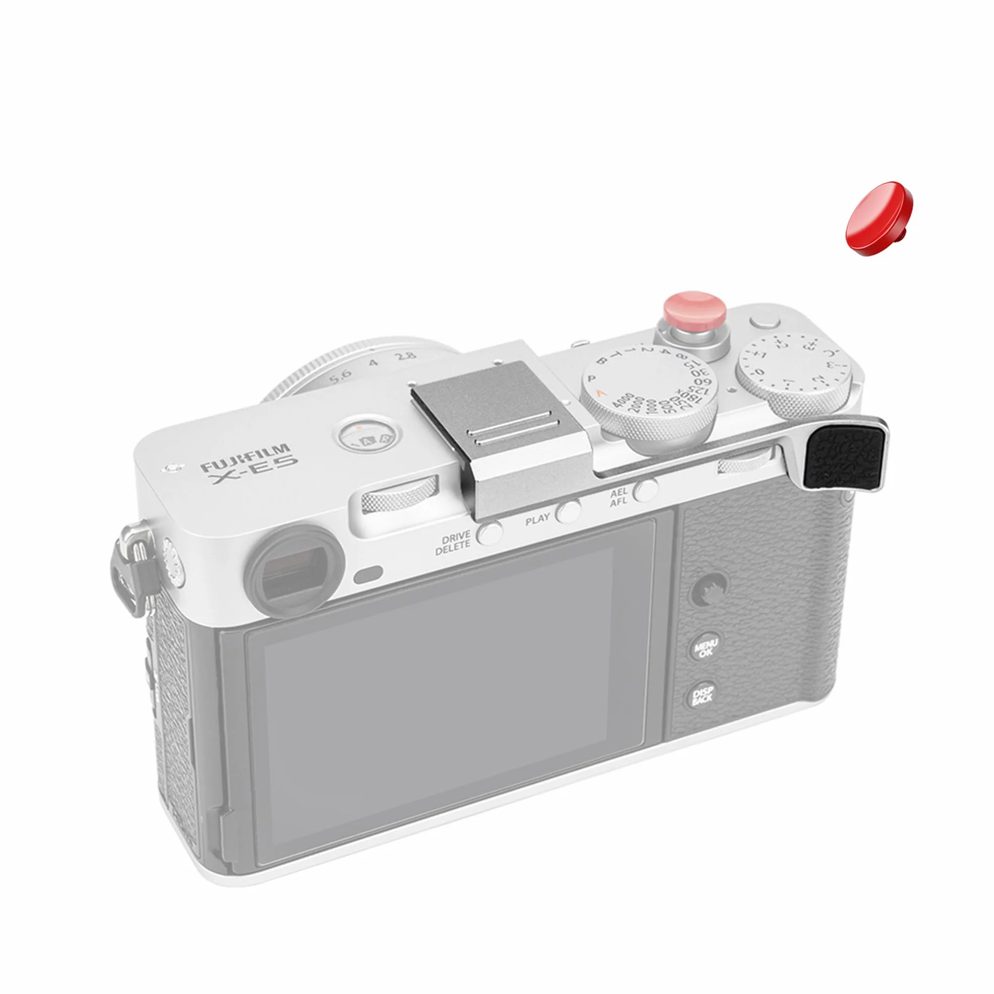 JJC Metalowa osłona stopki Full Cover Thumb Up Grip z przyciskiem migawki kompatybilna z aparatami Fujifilm X-E5, XE5, silikonowe wkładki Thumb Hand Grip przeciwpyłowe i antypoślizgowe, srebrne