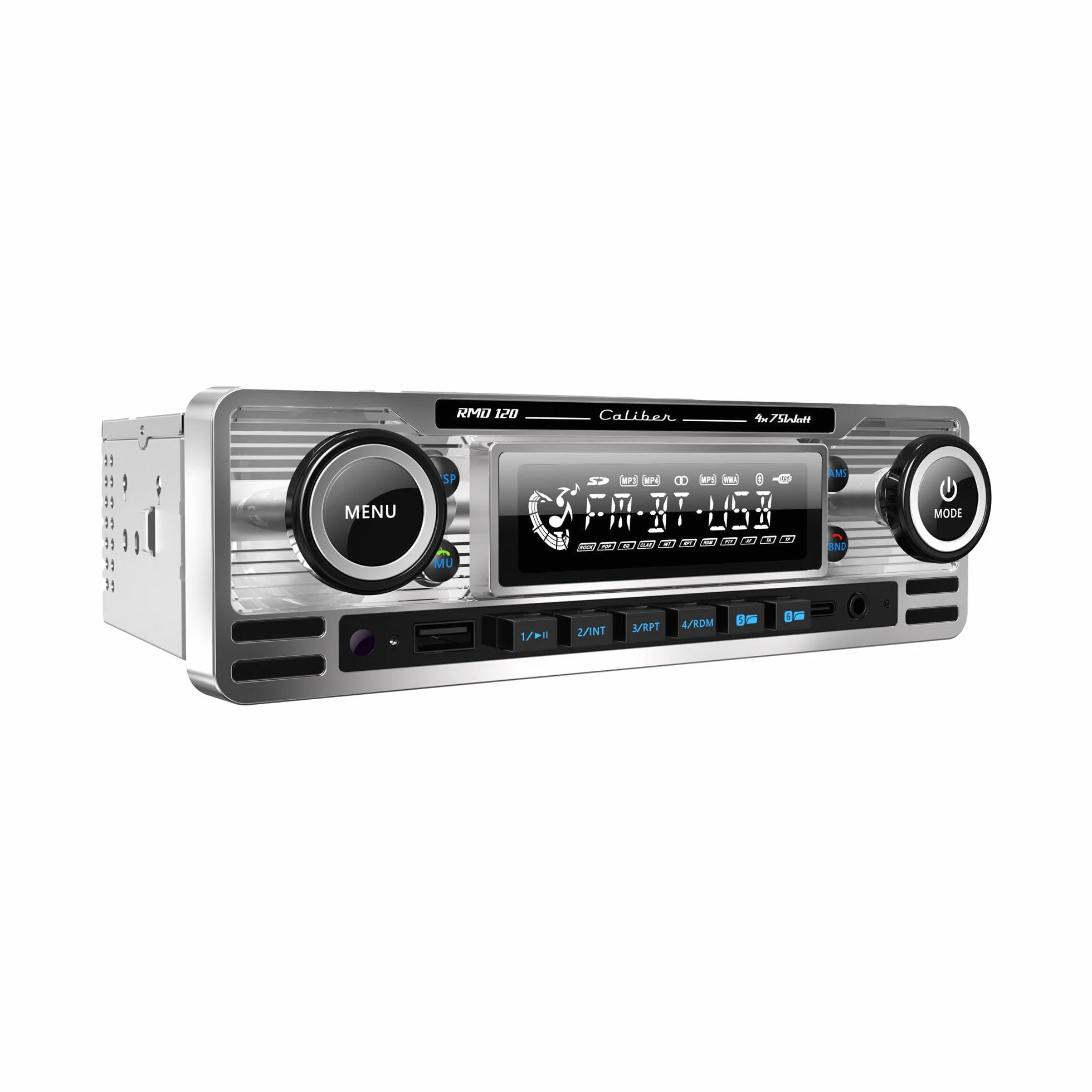 Caliber Radio samochodowe w stylu retro – radio samochodowe Bluetooth USB – FM – 1 DIN radio samochodowe – radio samochodowe z zestawem głośnomówiącym Bluetooth – chrom