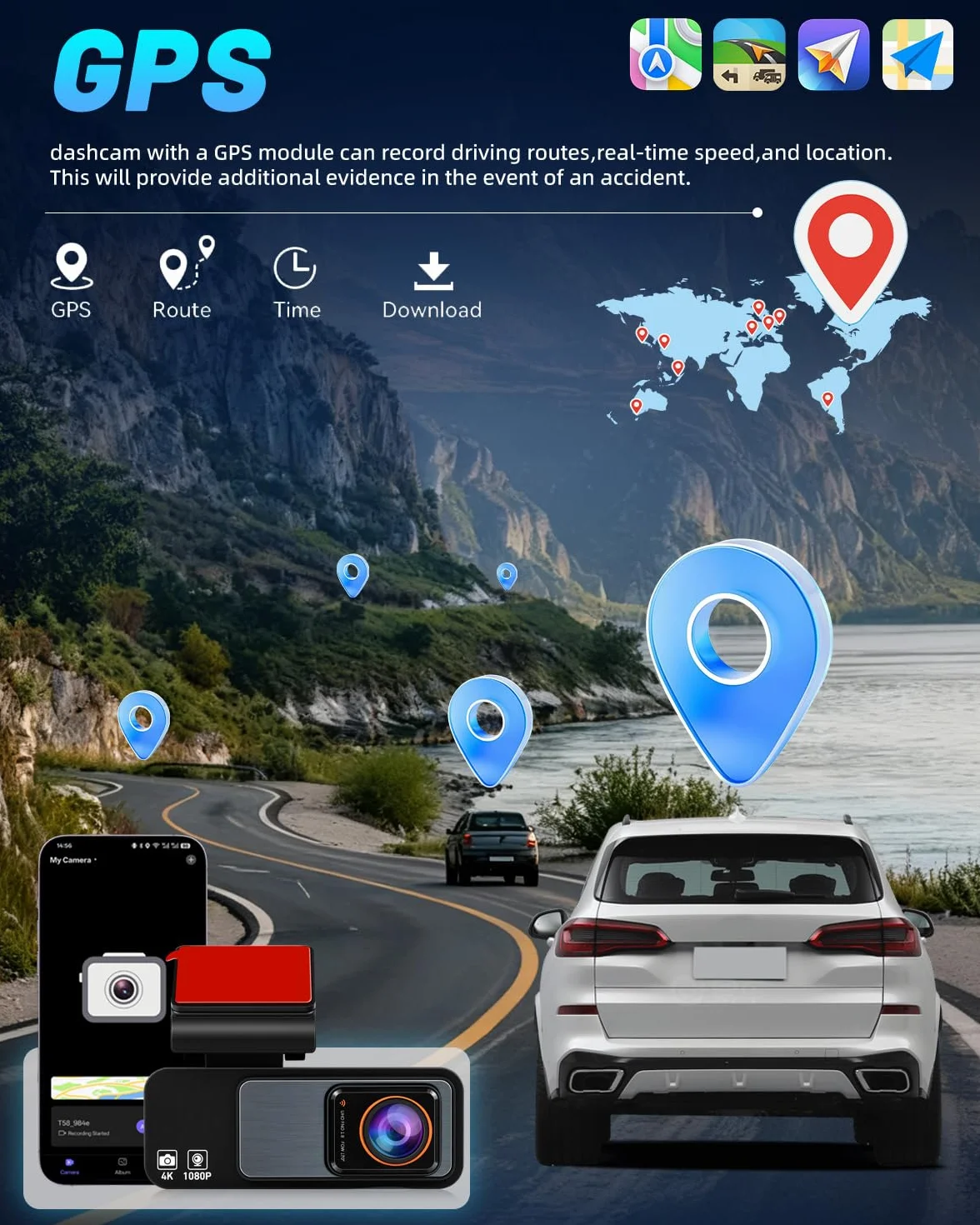 NHOPEEW Podwójna kamera na deskę rozdzielczą 4K z Wi-Fi i GPS, 3,16-calowa kamera samochodowa IPS z przodu 4K + tył 1080p, widoczność w nocy, nagrywanie w pętli, czujnik G, 24-godzinny tryb parkowania